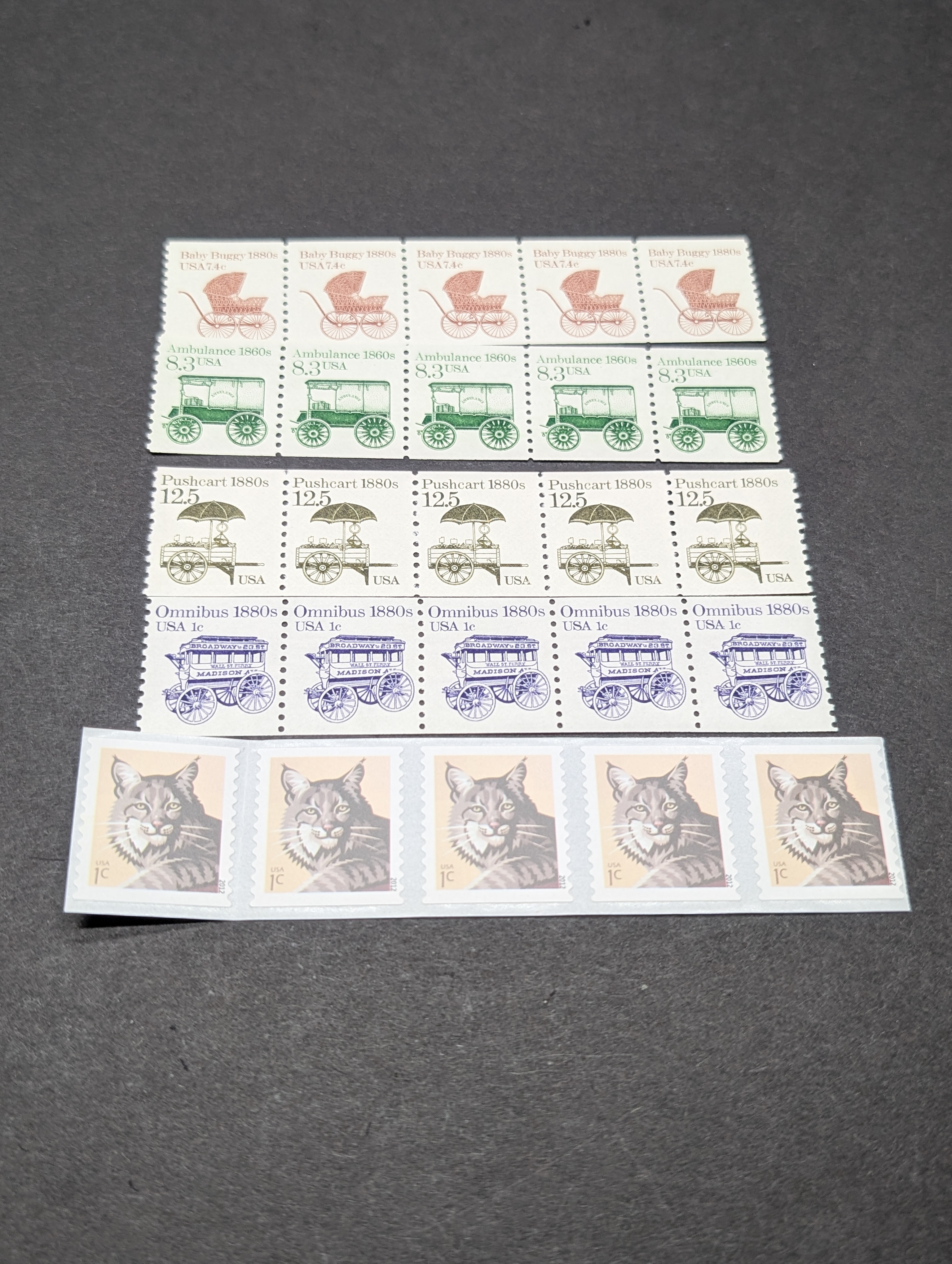 (5) Assorted U.S. Strip Sets Of Stamps, All Mint, Original Gum, Never Hinged
