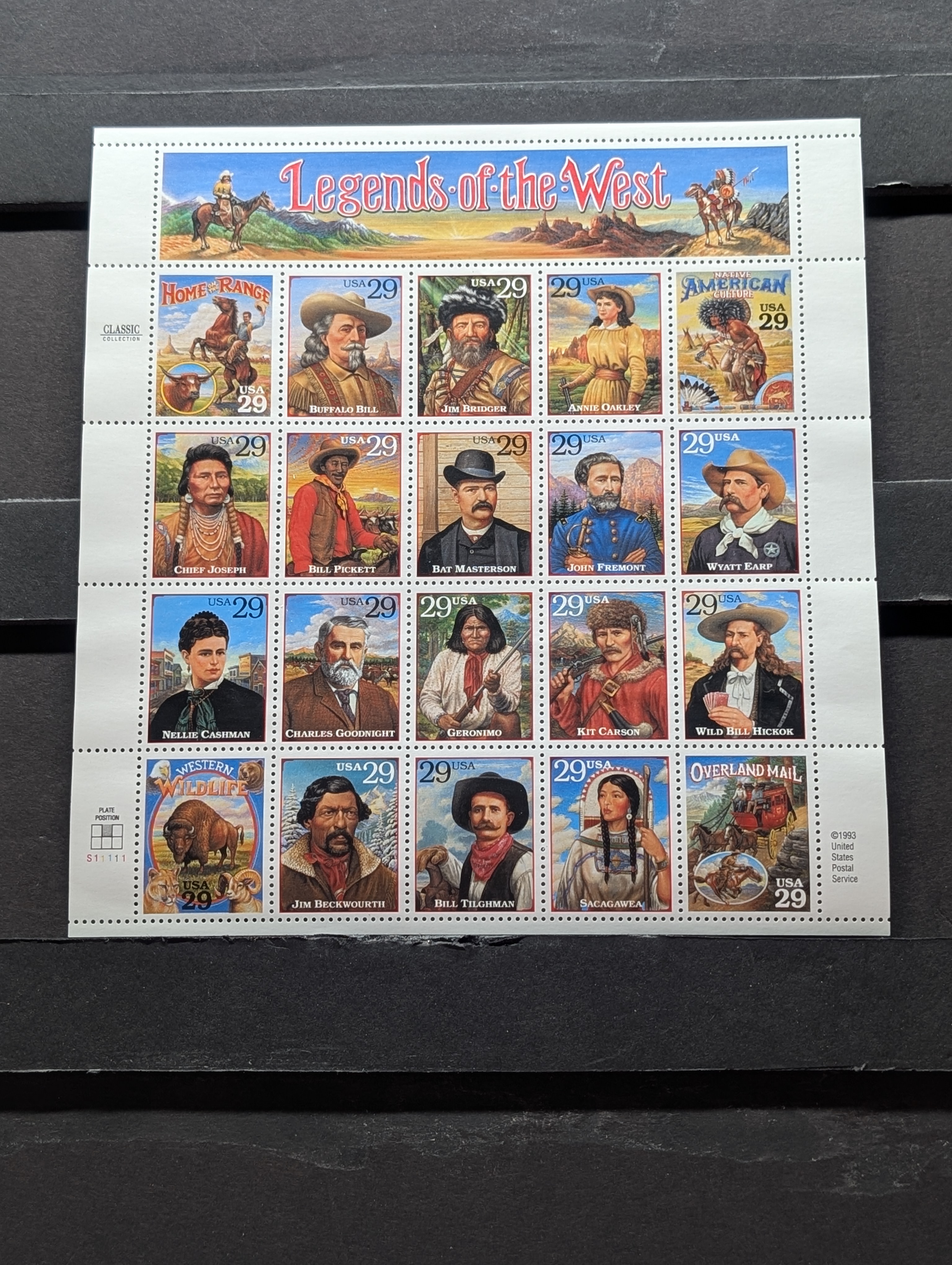 1994 Legends Of The West Stamp Sheet, Mint, Original Gum, Never Hinged
