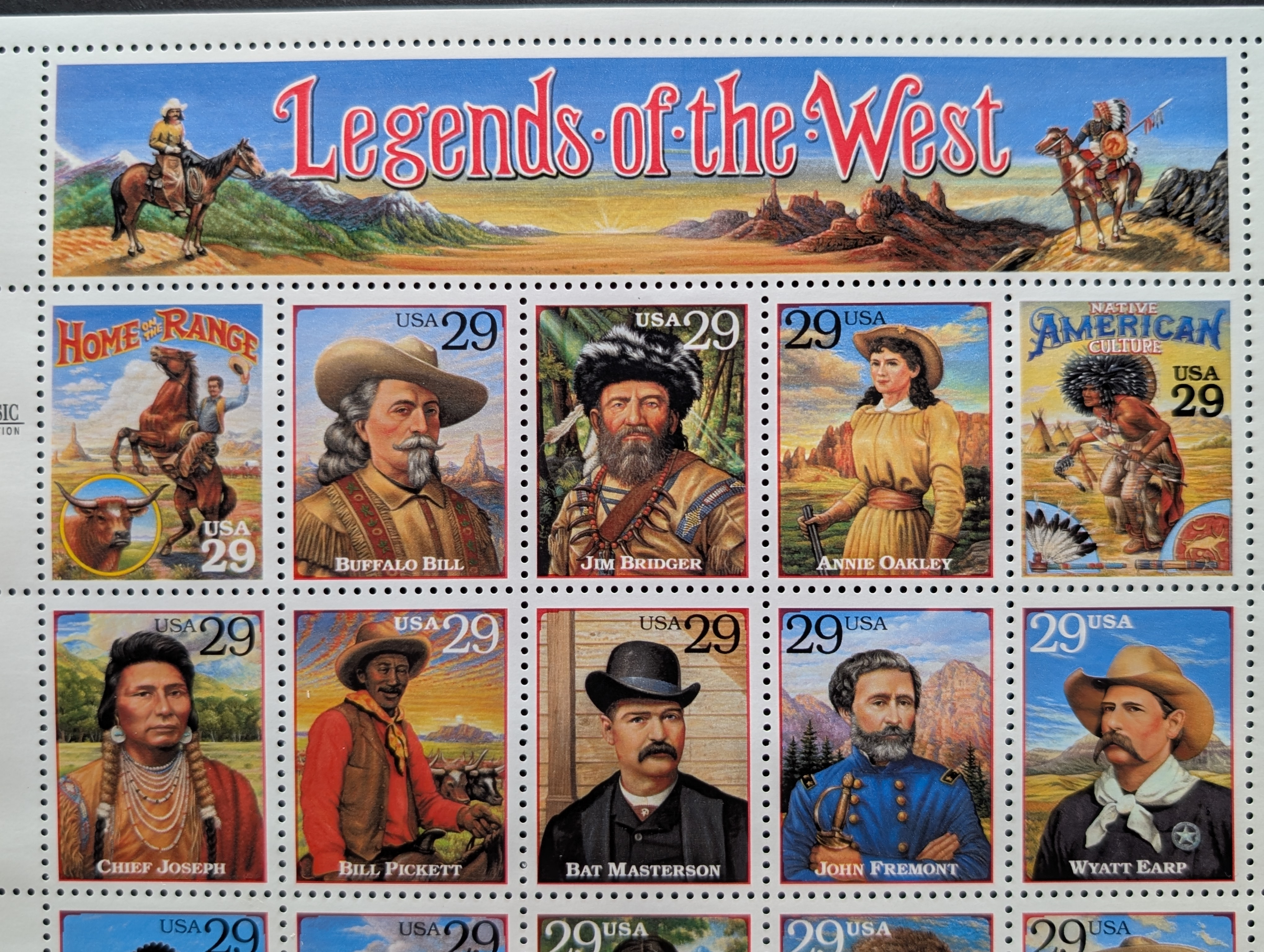 1994 Legends Of The West Stamp Sheet, Mint, Original Gum, Never Hinged