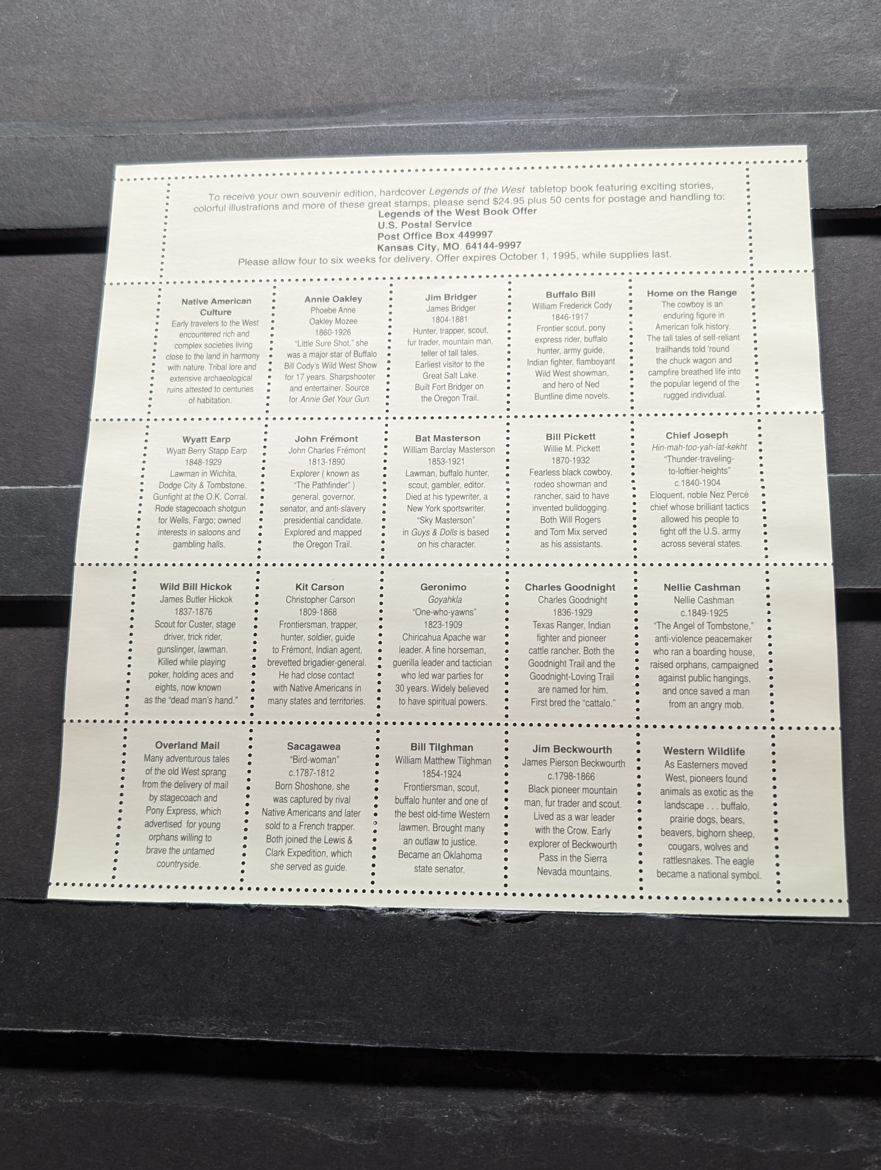 1994 Legends Of The West Stamp Sheet, Mint, Original Gum, Never Hinged