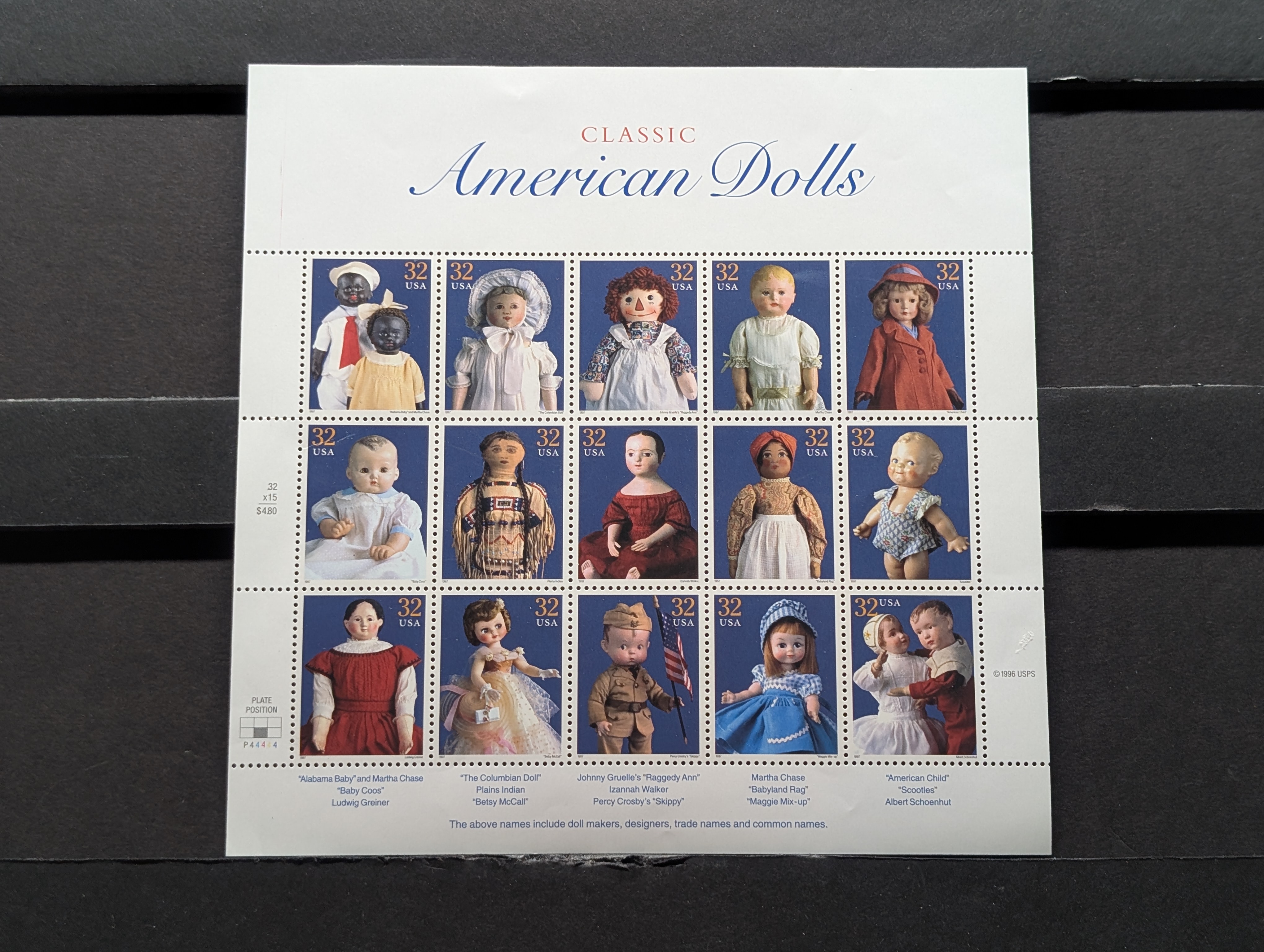 1997 Classic American Dolls Stamp Sheet, Mint, Original Gum, Never Hinged