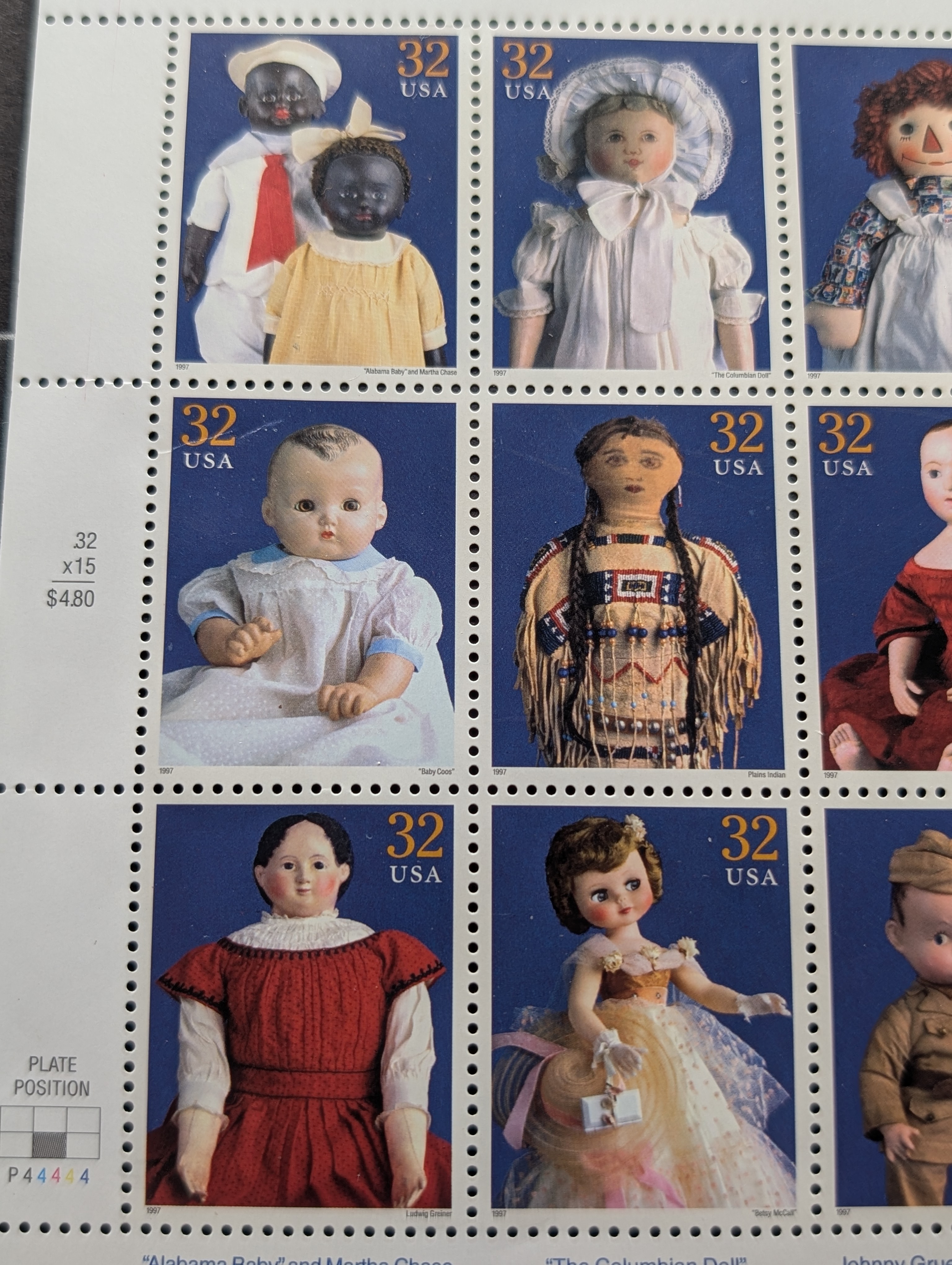 1997 Classic American Dolls Stamp Sheet, Mint, Original Gum, Never Hinged