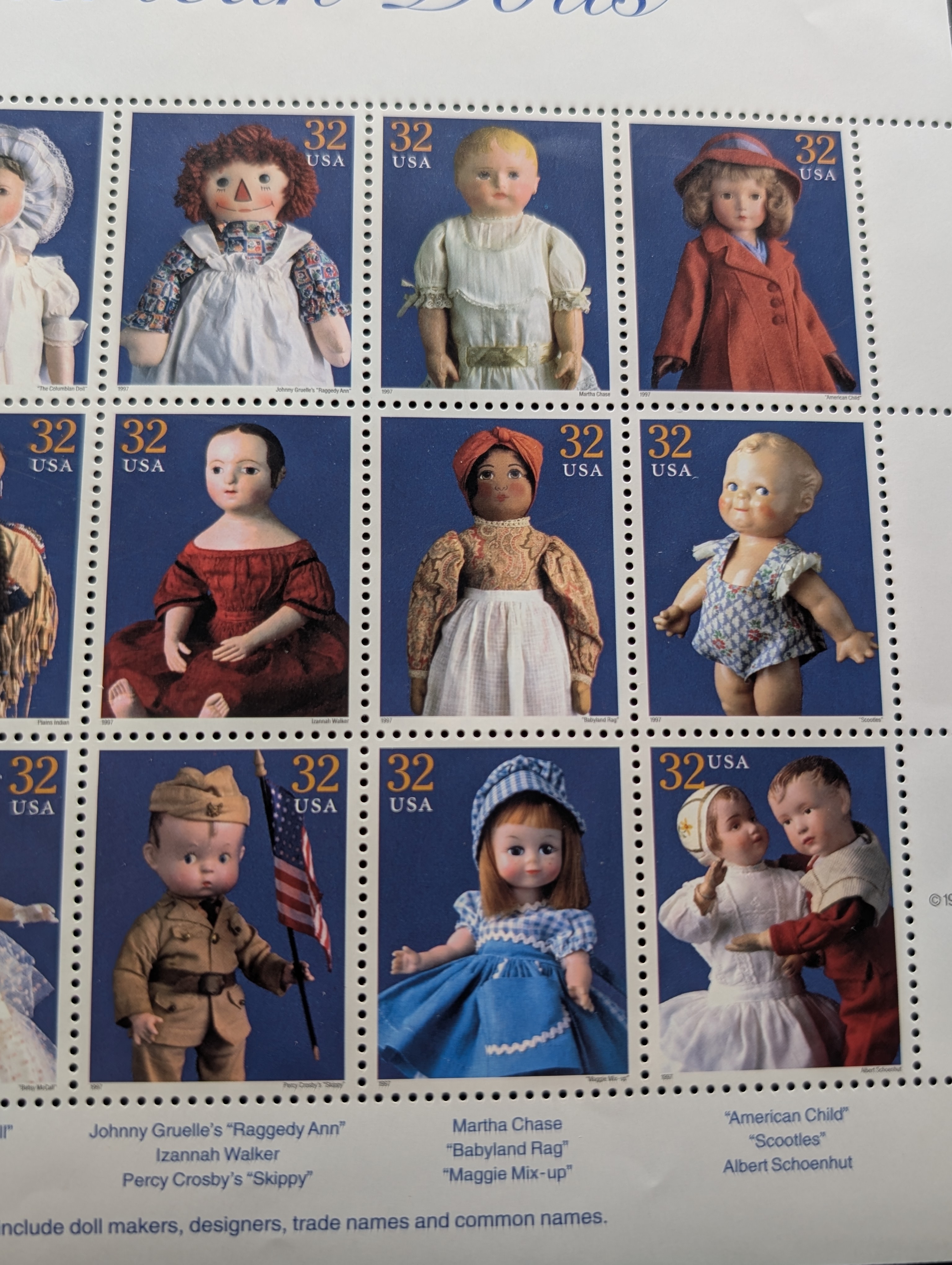 1997 Classic American Dolls Stamp Sheet, Mint, Original Gum, Never Hinged