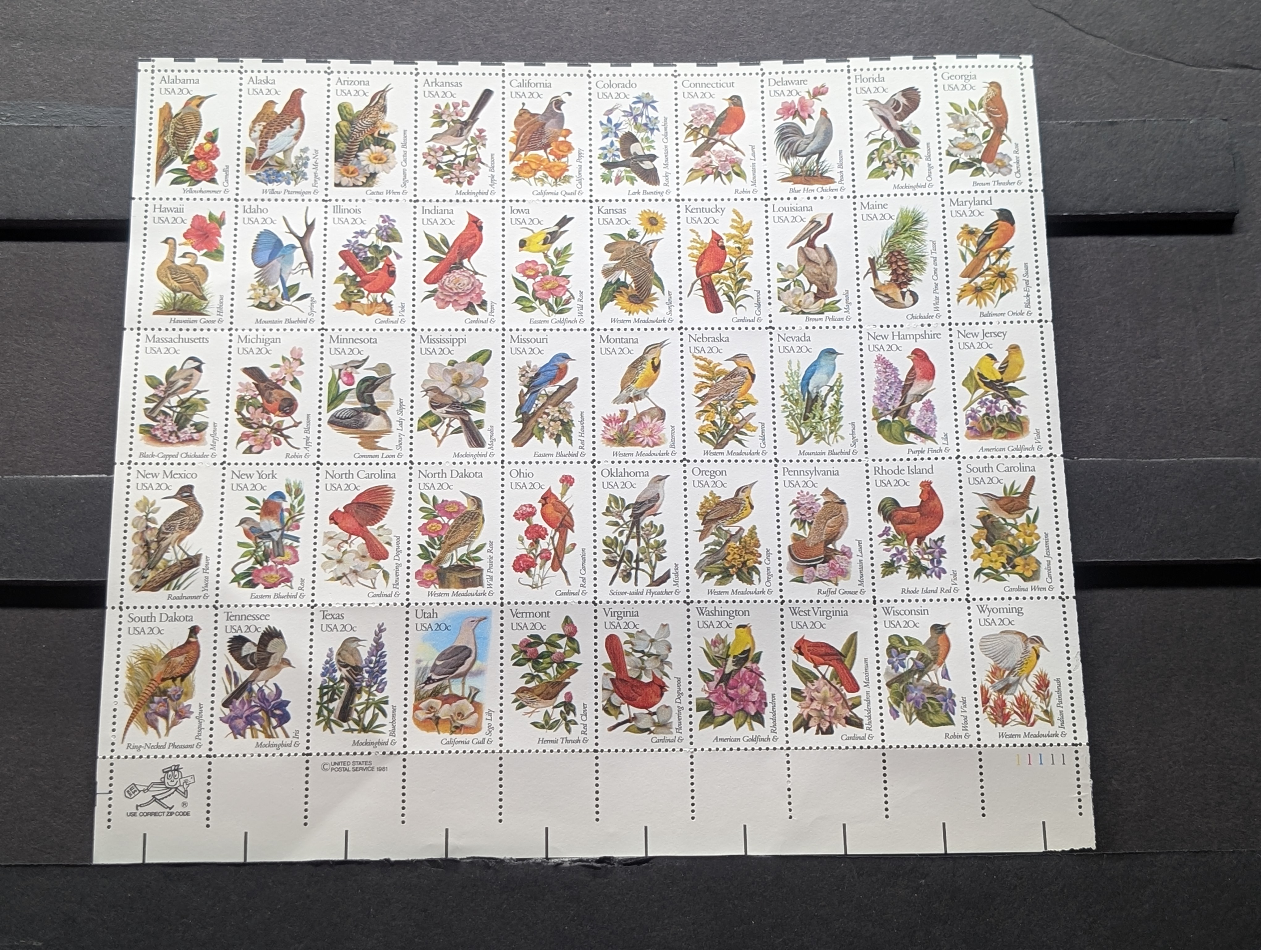 1981 State Birds Stamp Sheet, Mint, Original Gum, Never Hinged