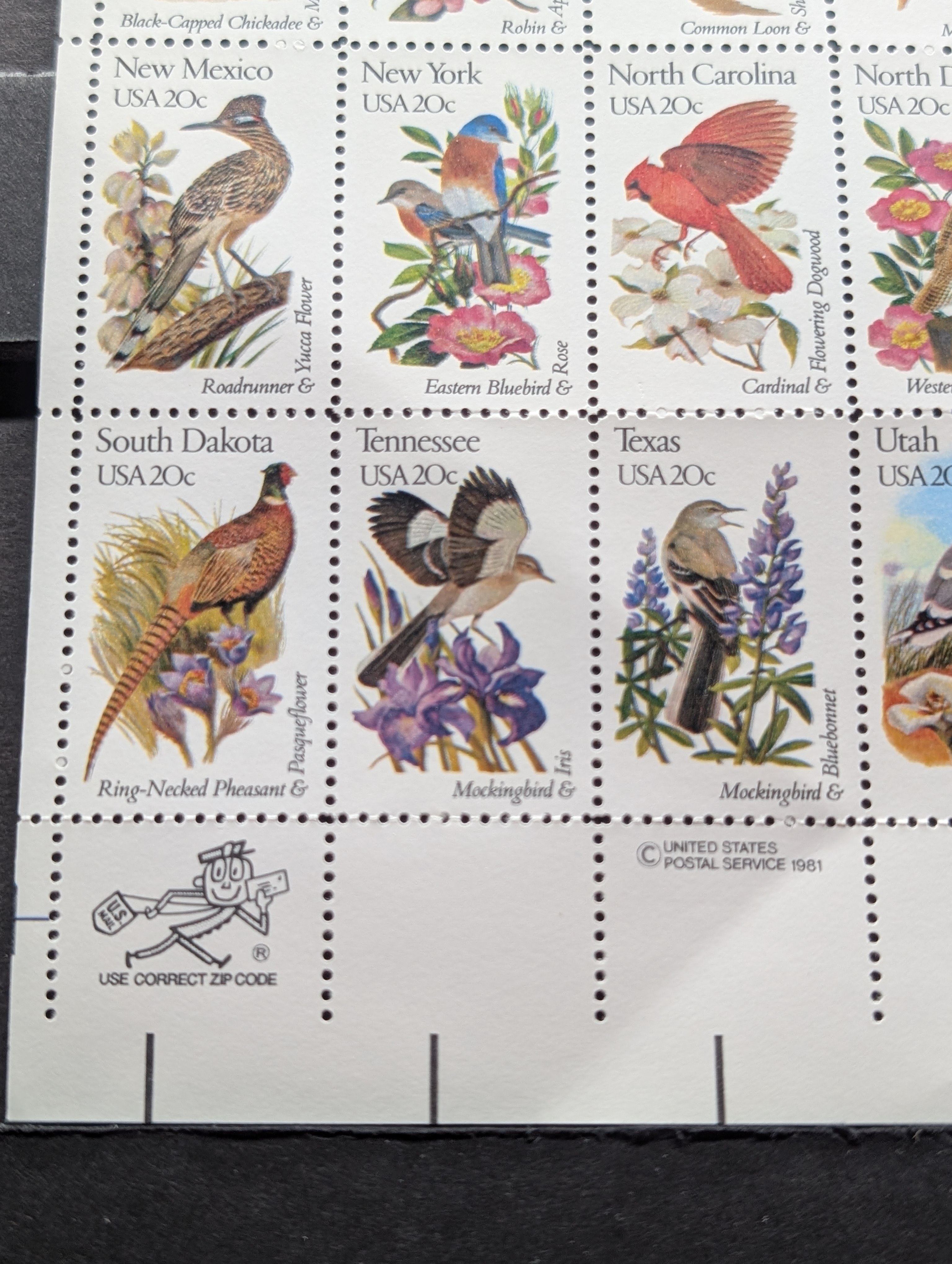 1981 State Birds Stamp Sheet, Mint, Original Gum, Never Hinged