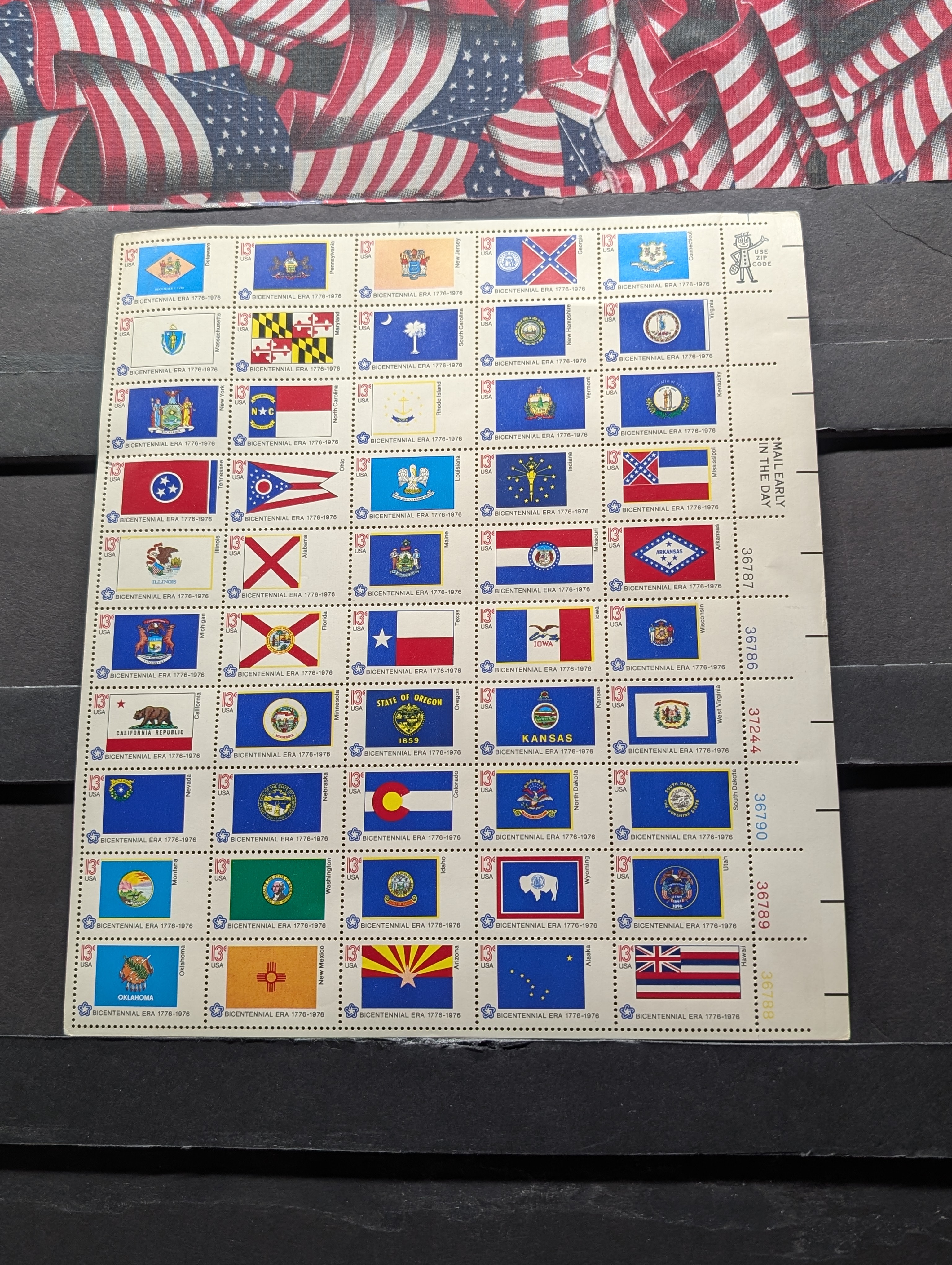 1976 State Flags Stamp Sheet, Mint, Original Gum, Never Hinged