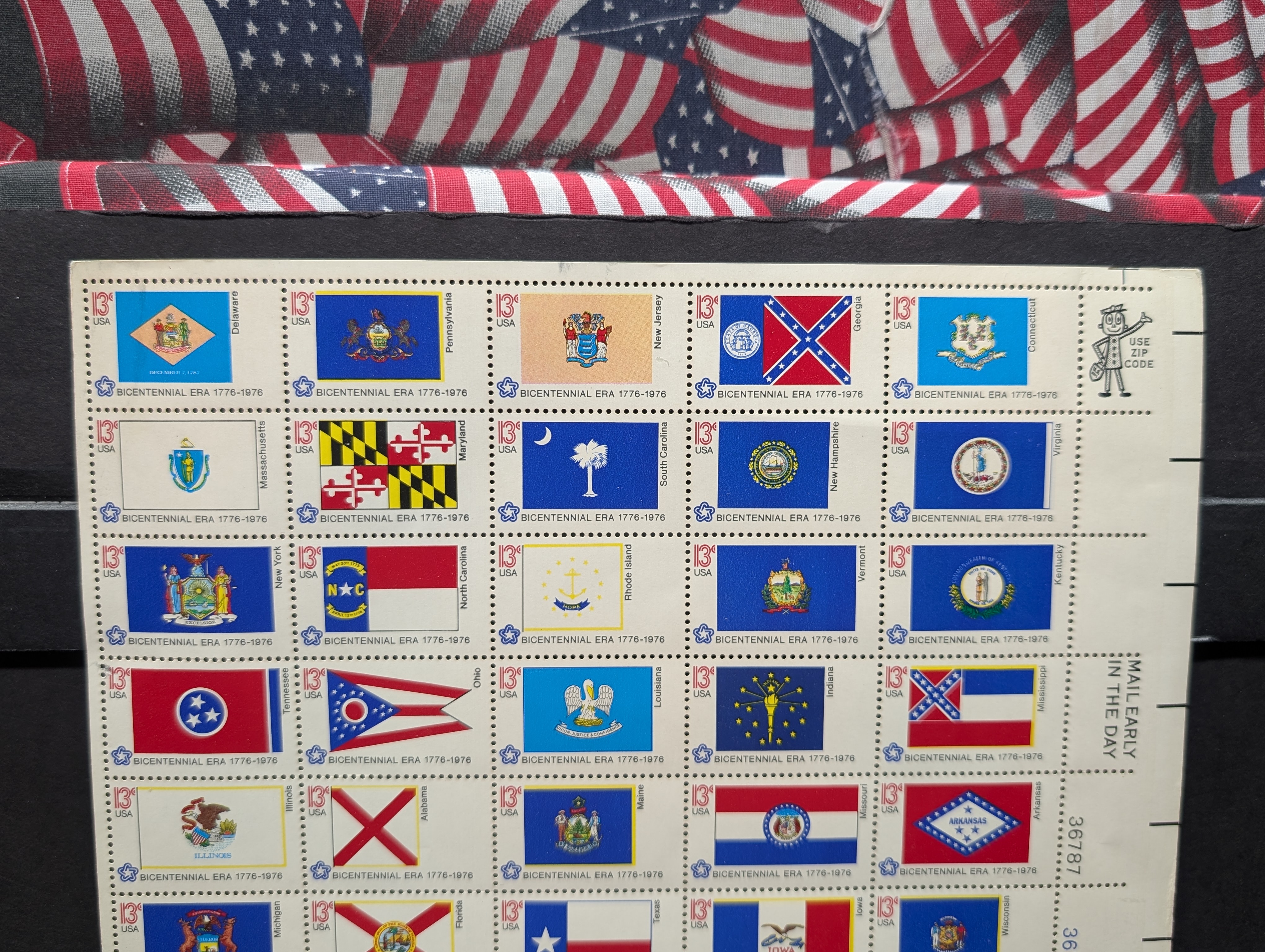 1976 State Flags Stamp Sheet, Mint, Original Gum, Never Hinged