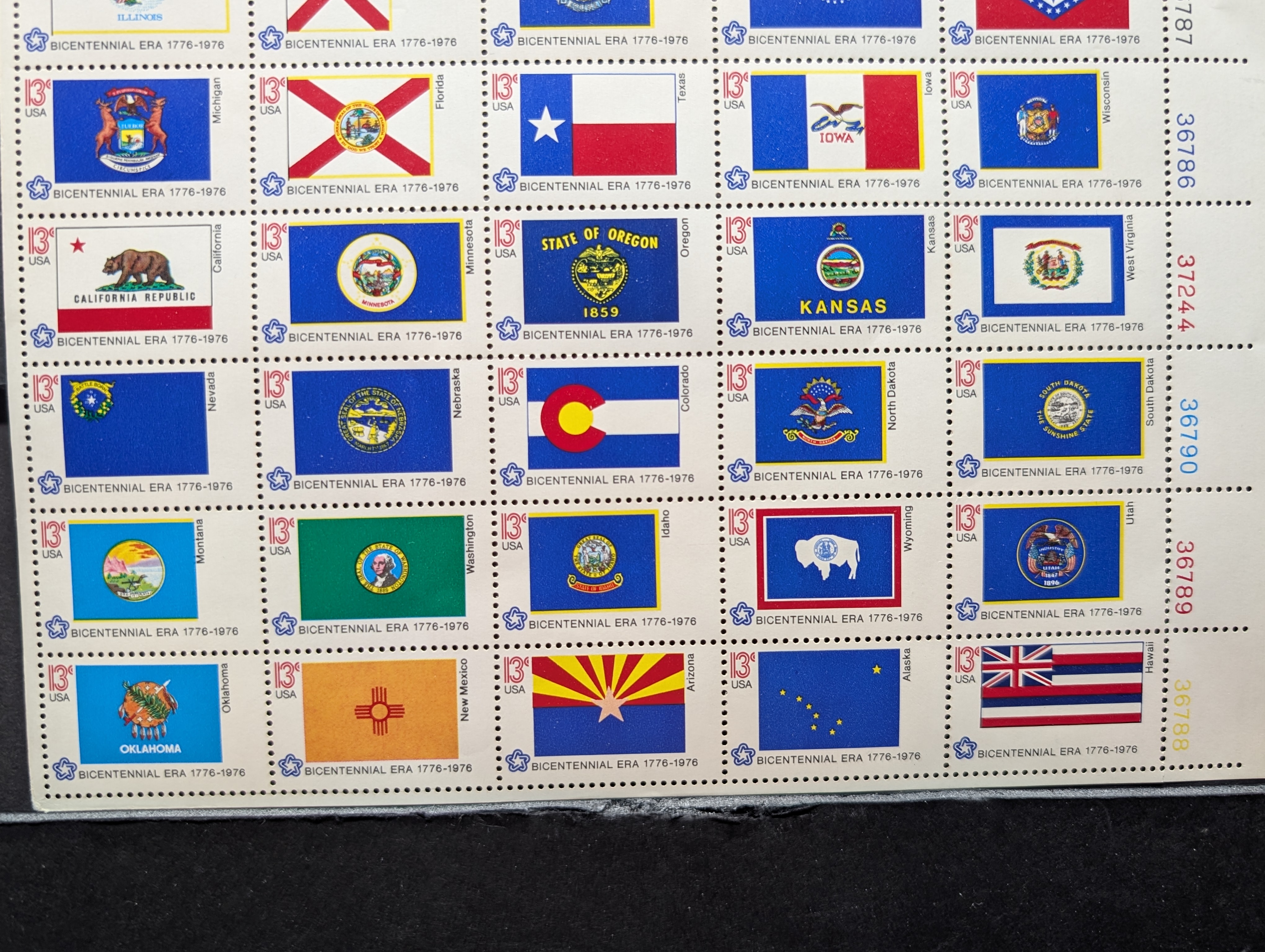 1976 State Flags Stamp Sheet, Mint, Original Gum, Never Hinged