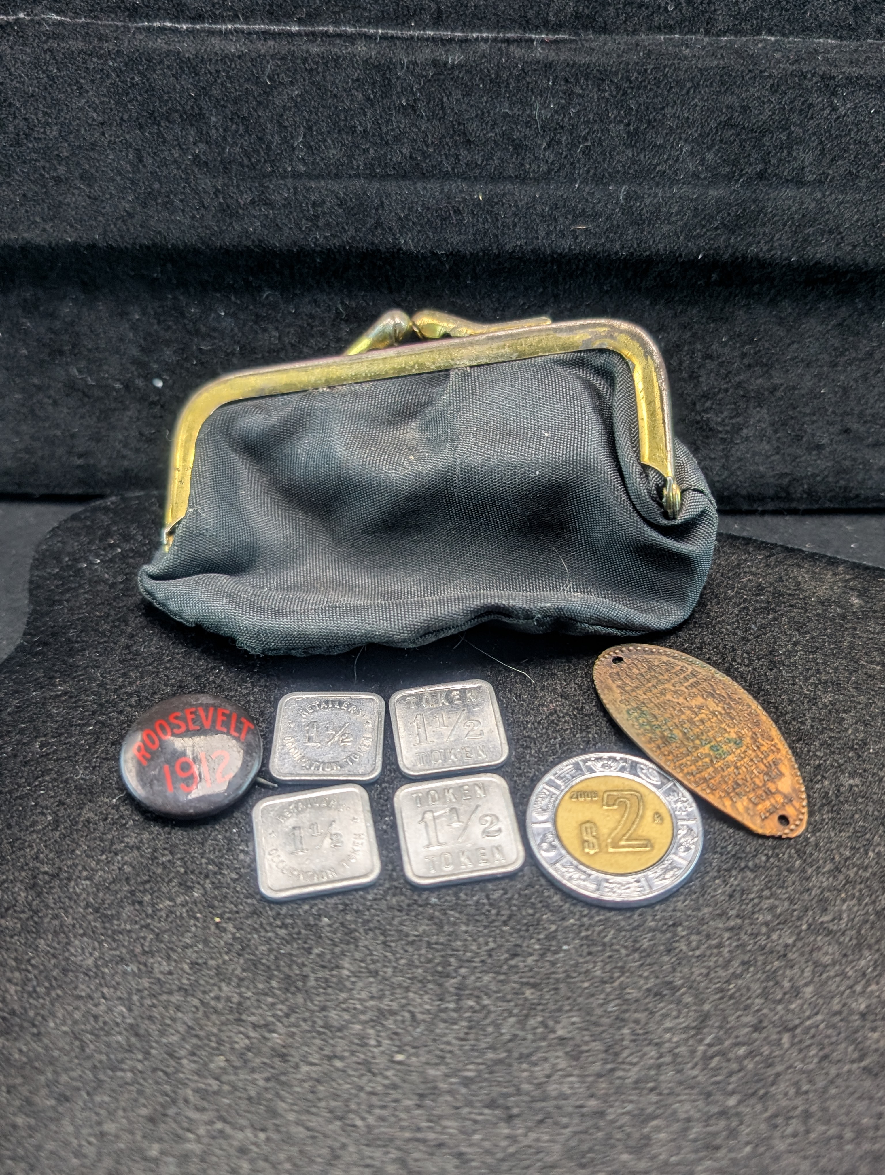 1912 Roosevelt Campaign Pinback, Lord's Prayer Penny, Tokens, Mexican 2 Peso, & Coin Purse
