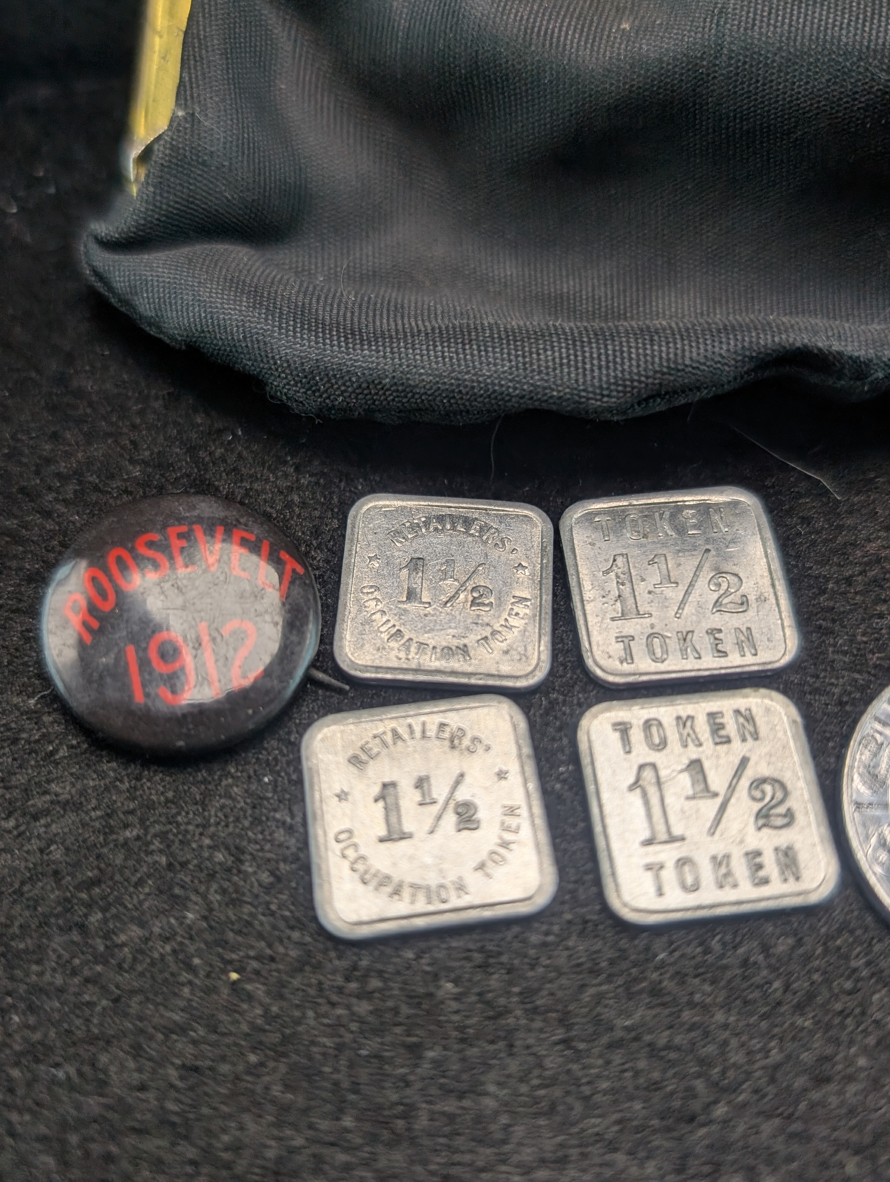 1912 Roosevelt Campaign Pinback, Lord's Prayer Penny, Tokens, Mexican 2 Peso, & Coin Purse
