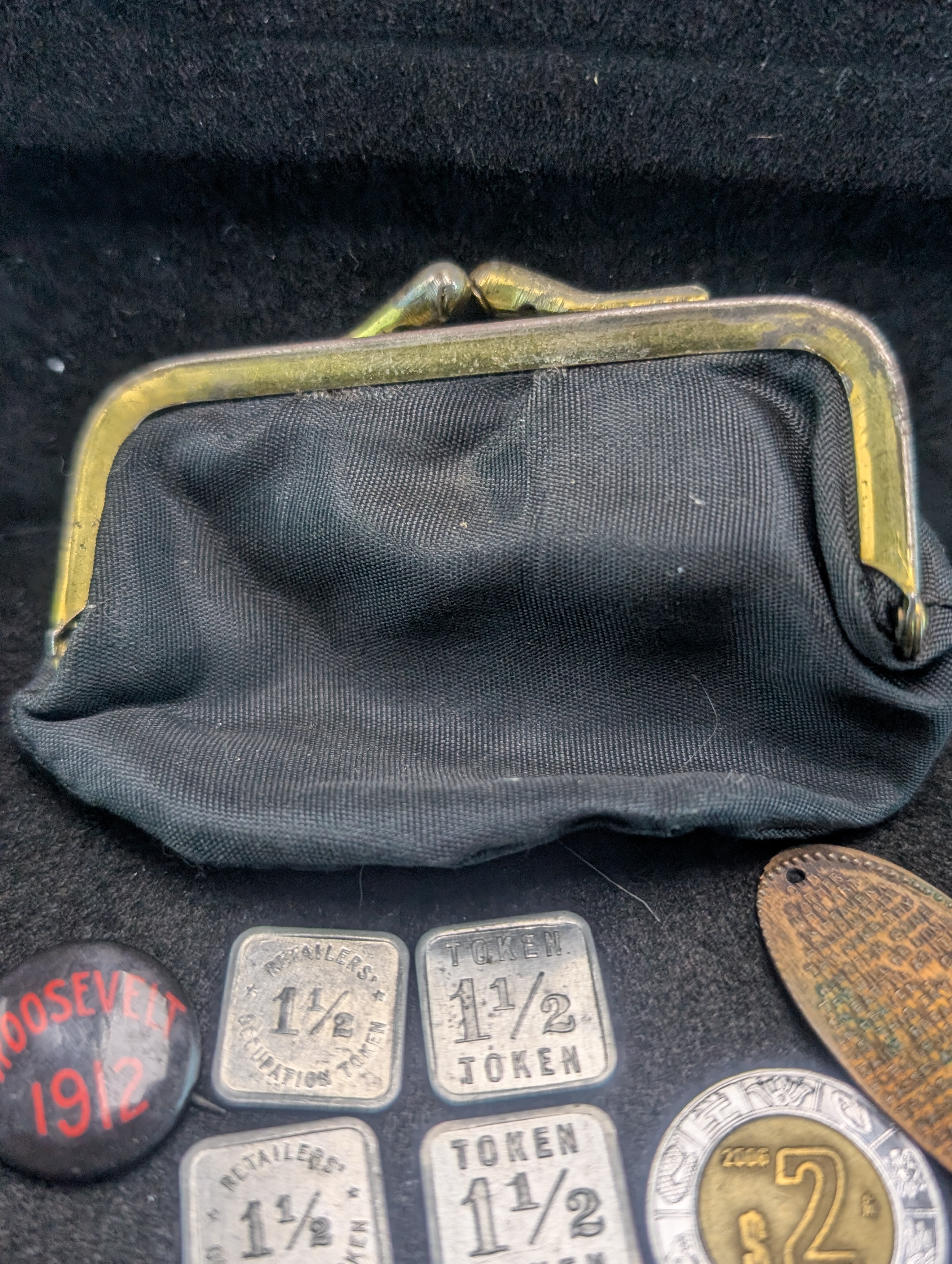 1912 Roosevelt Campaign Pinback, Lord's Prayer Penny, Tokens, Mexican 2 Peso, & Coin Purse