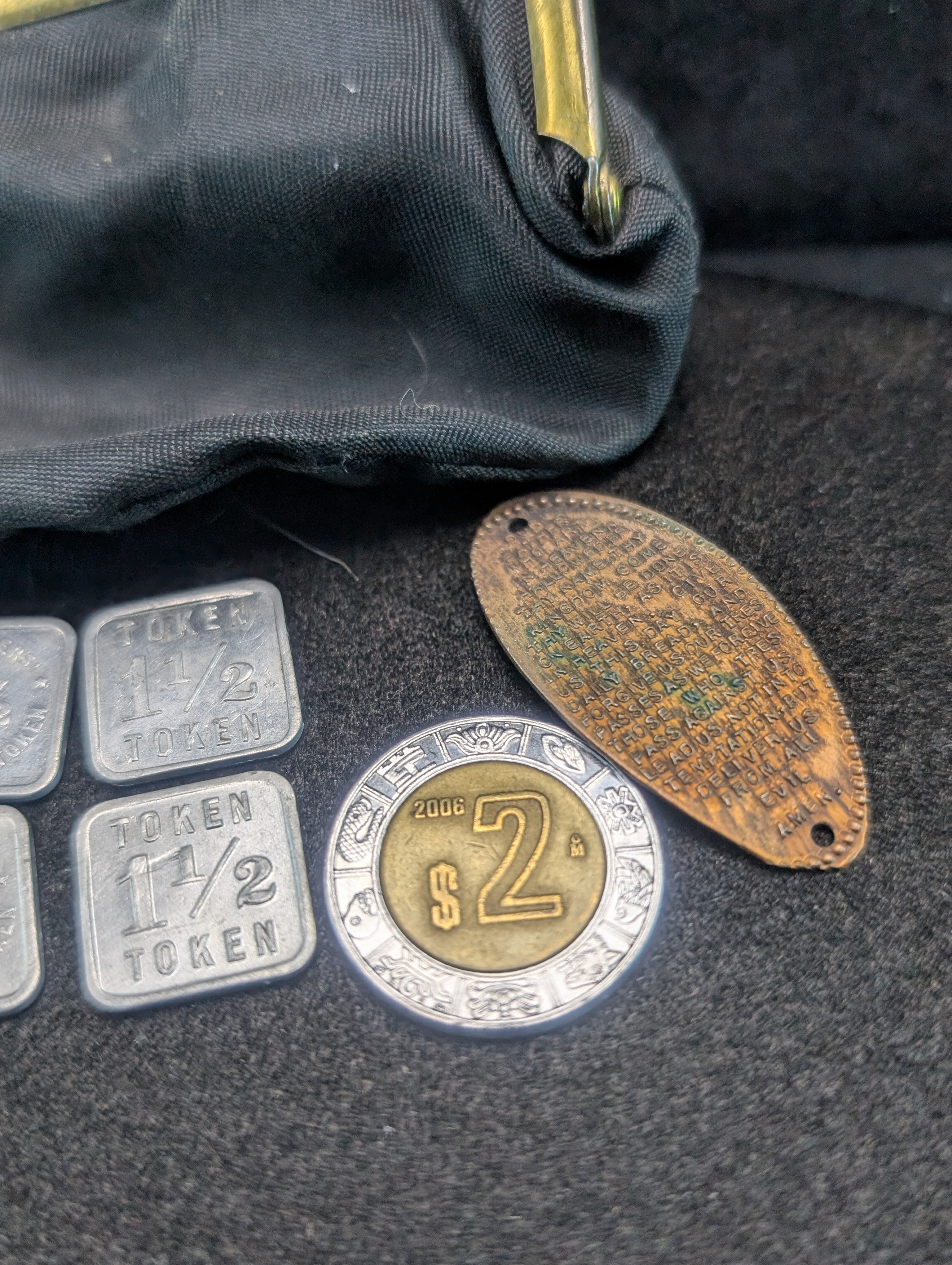 1912 Roosevelt Campaign Pinback, Lord's Prayer Penny, Tokens, Mexican 2 Peso, & Coin Purse