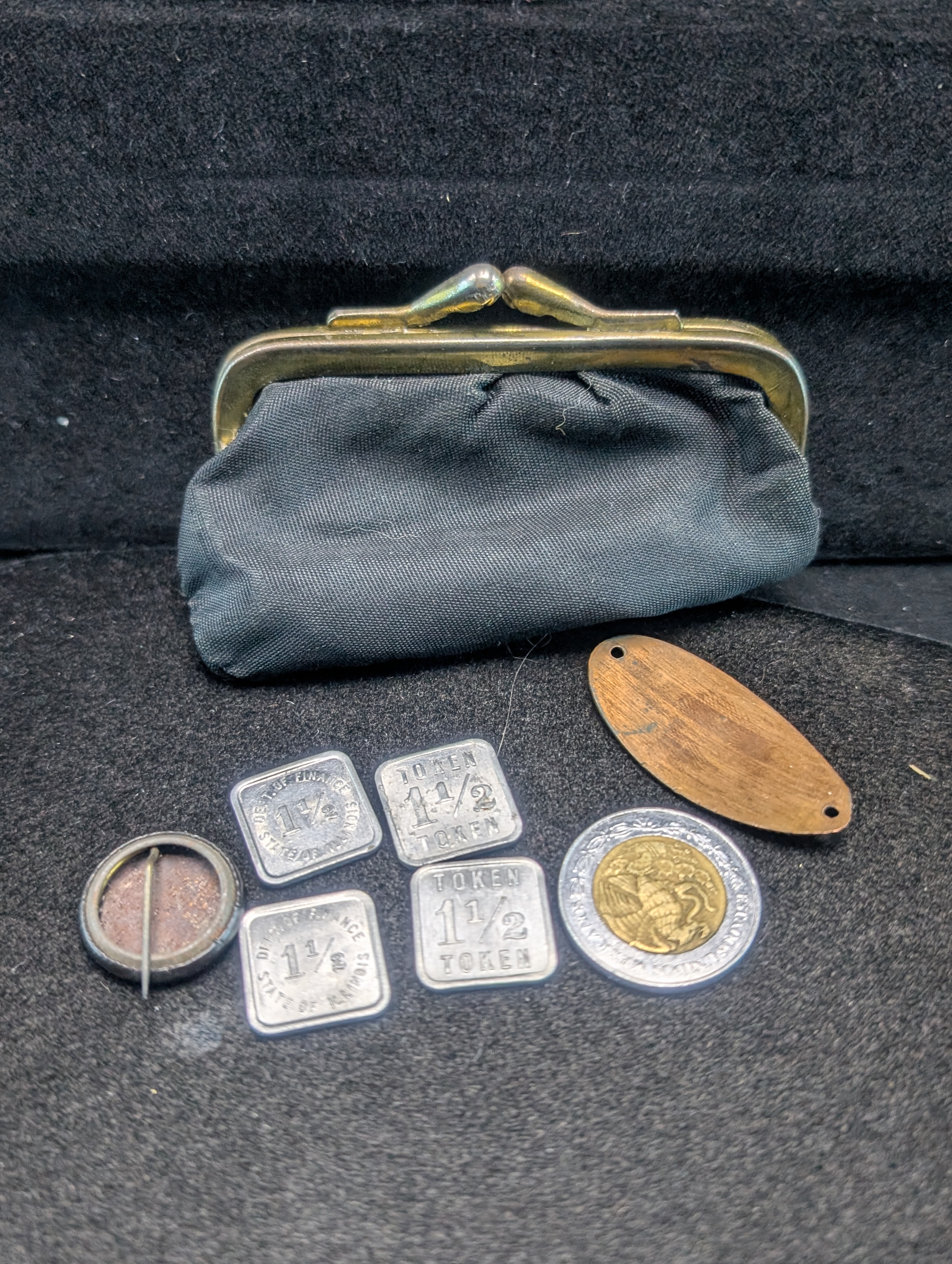 1912 Roosevelt Campaign Pinback, Lord's Prayer Penny, Tokens, Mexican 2 Peso, & Coin Purse