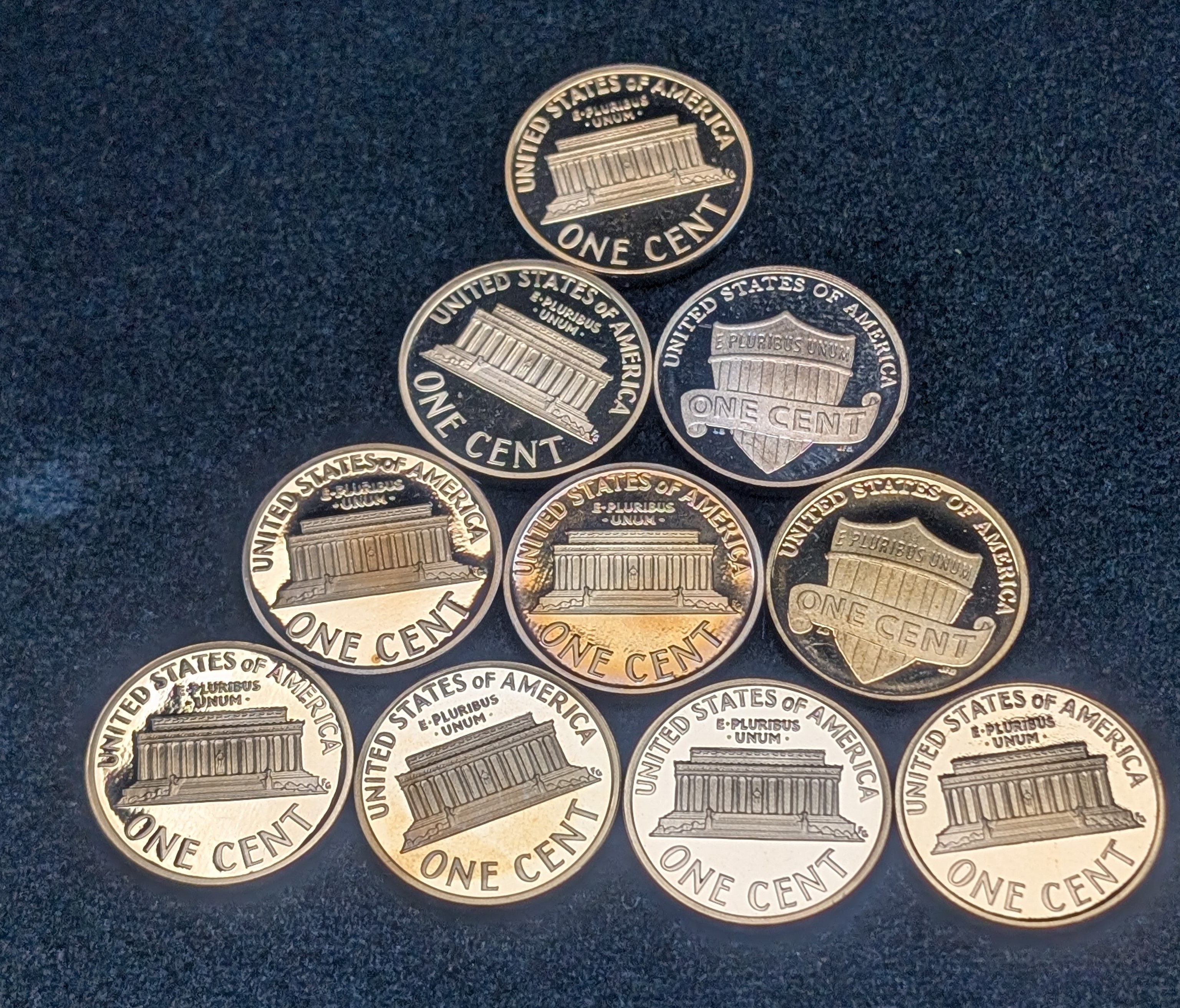 (10) Mixed Date Proof Lincoln Memorial & Shield Cents, No Duplicates