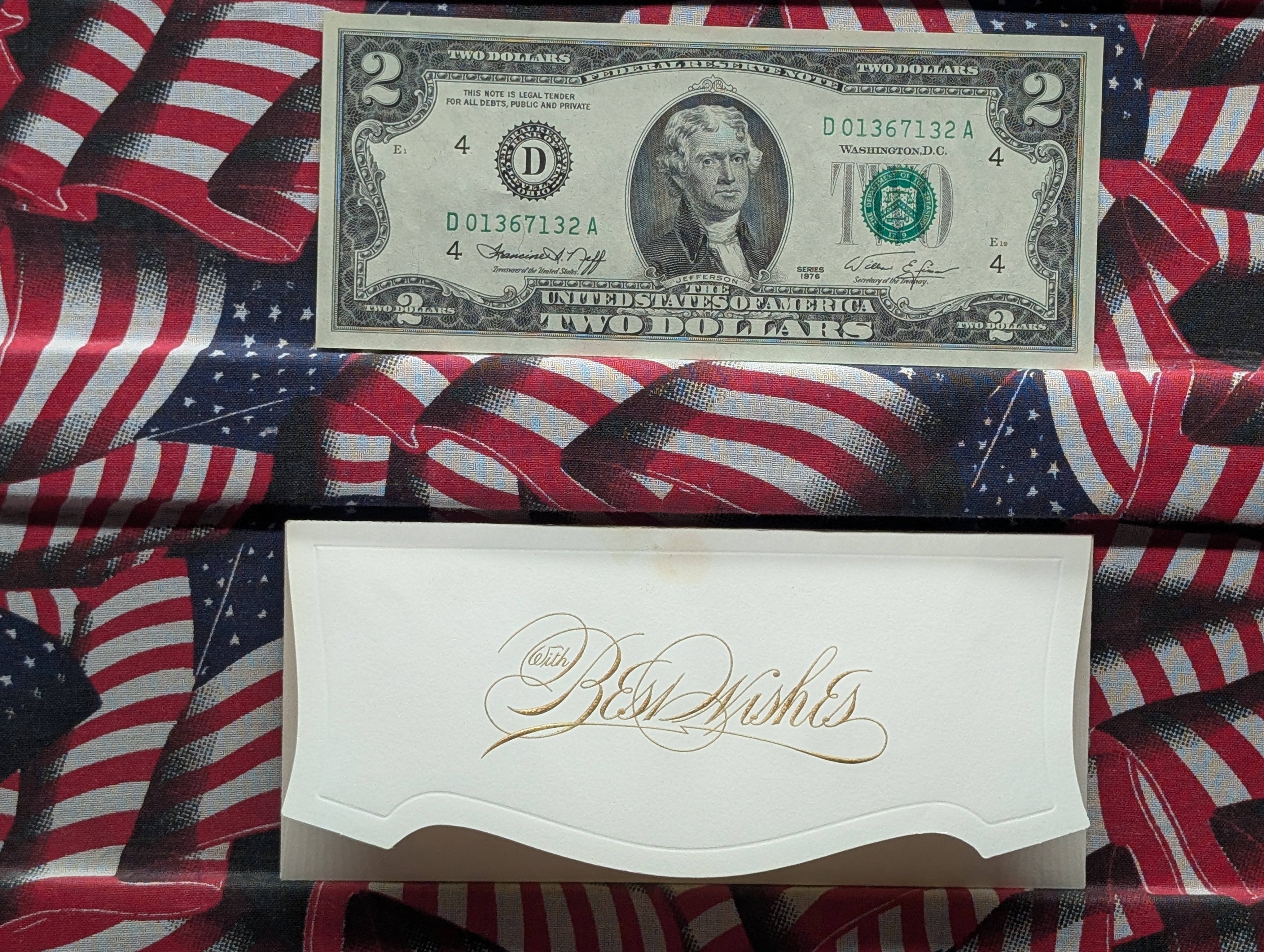 1976 Series $2 U.S. Federal Reserve Note In A Best Wishes Envelope