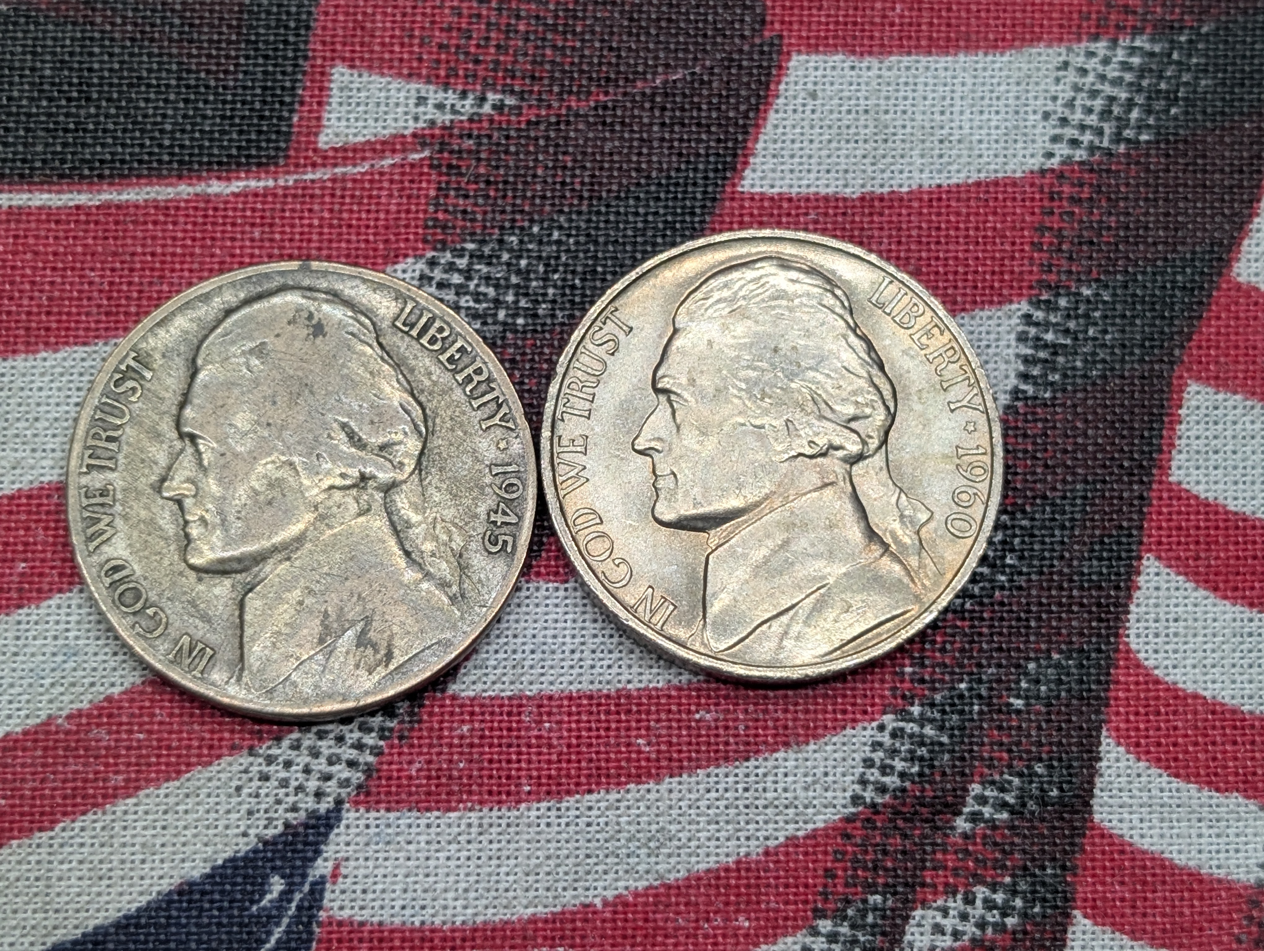 (2) Jefferson Nickels, 1945-P War Time 35% Silver and 1960 Luster