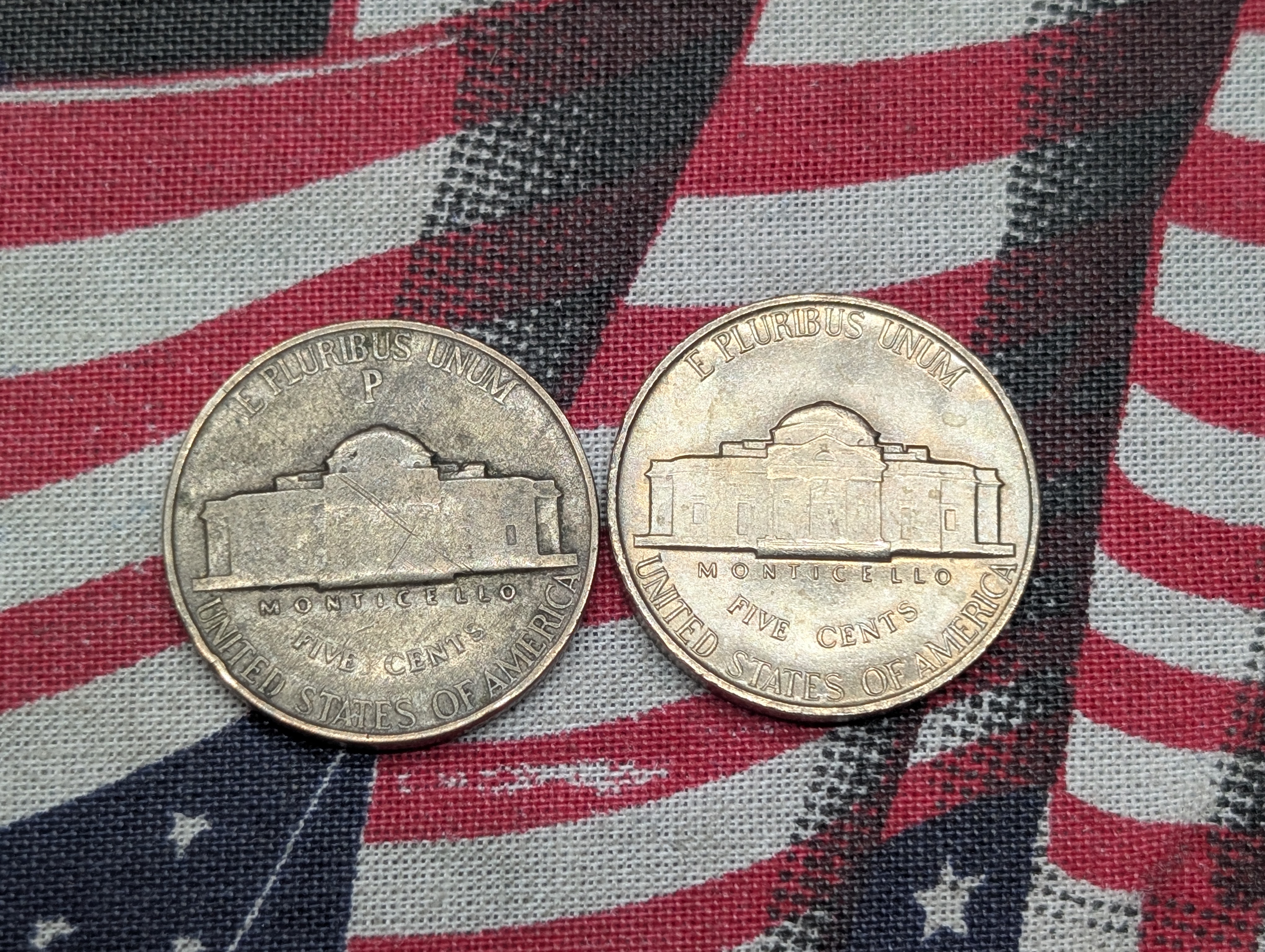 (2) Jefferson Nickels, 1945-P War Time 35% Silver and 1960 Luster