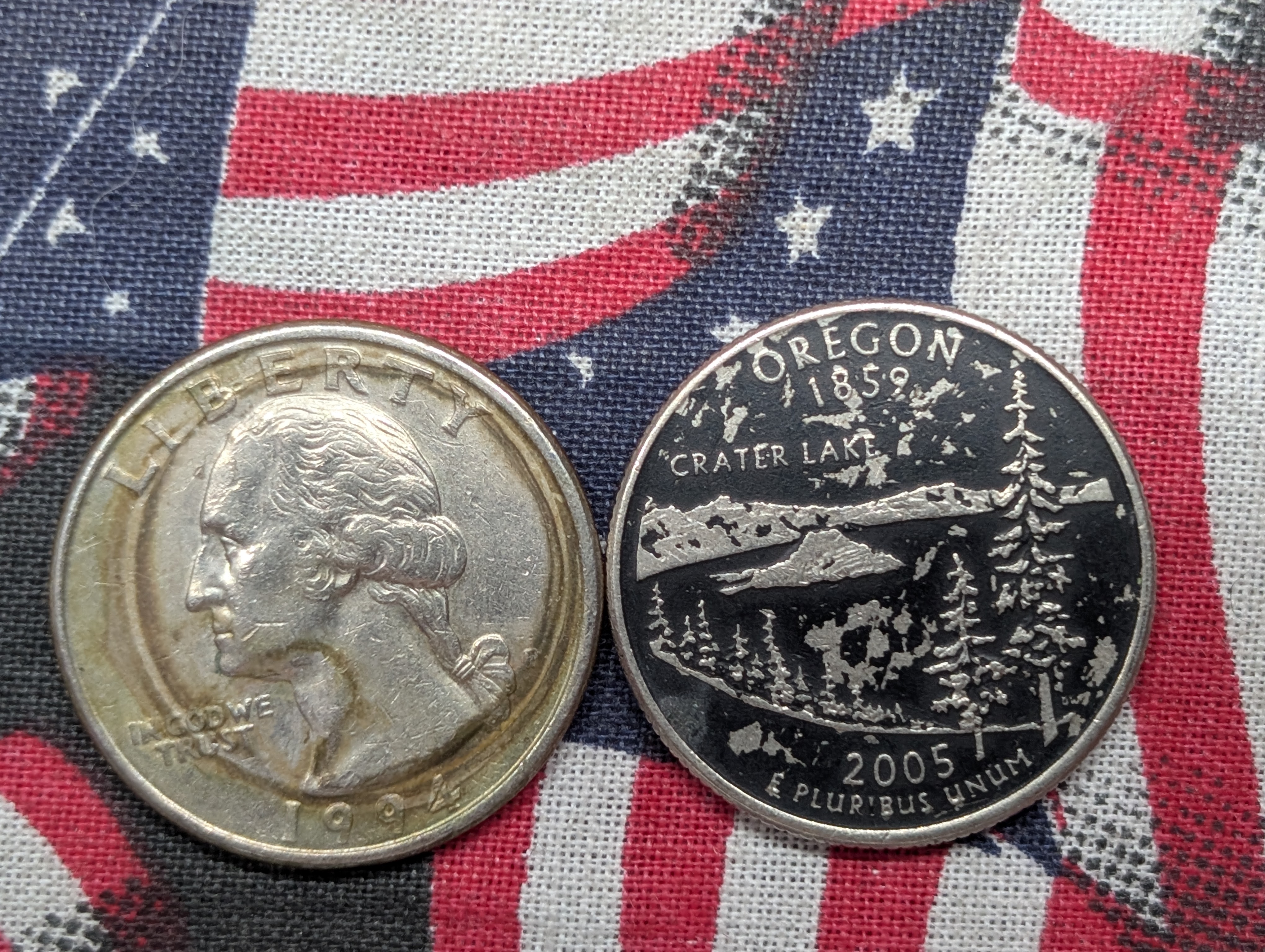 2005-D Washington Quarter, Possible Annealing Error, Probably an Altered Surface and a 1994-P Clad Quarter