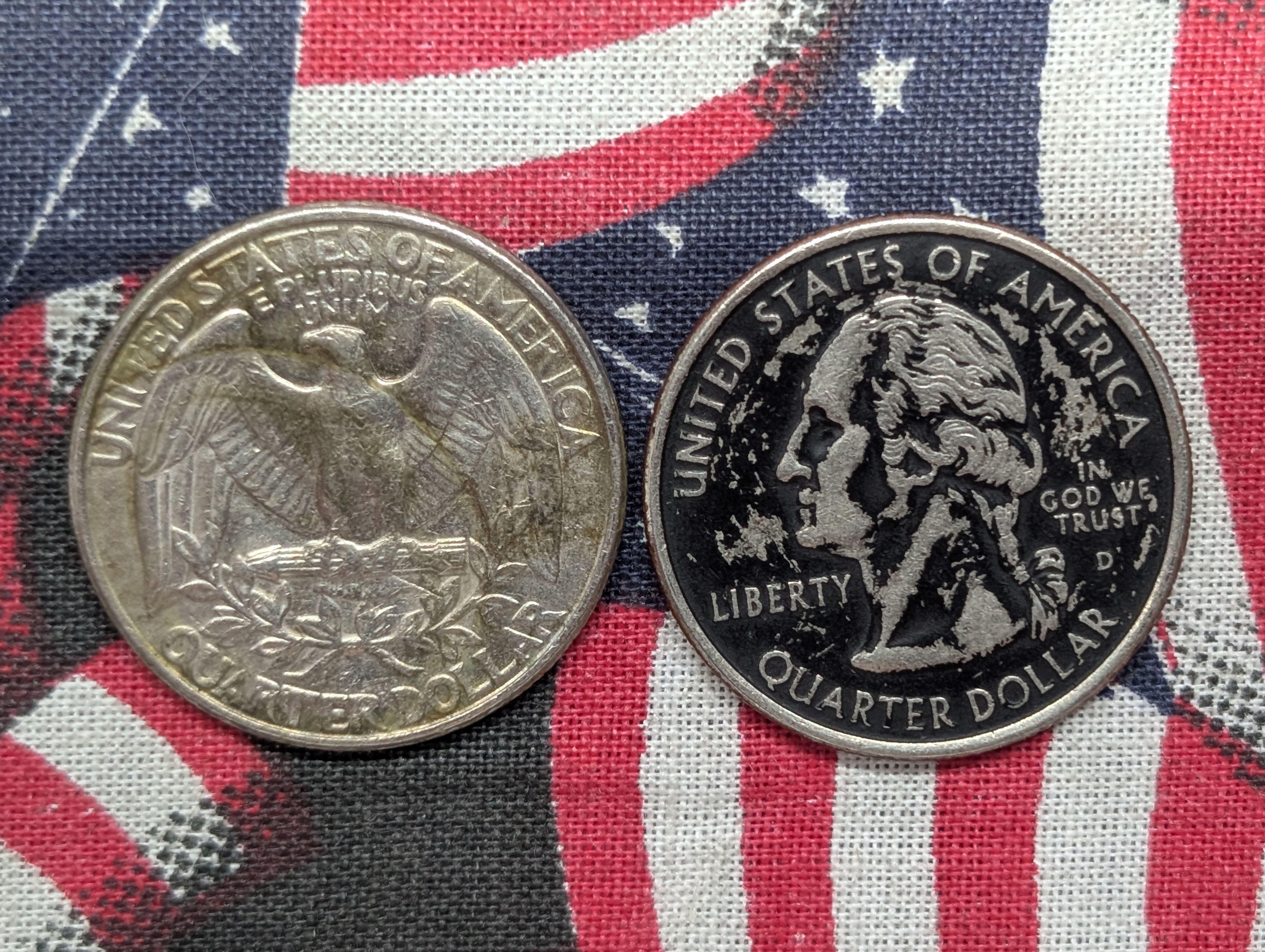 2005-D Washington Quarter, Possible Annealing Error, Probably an Altered Surface and a 1994-P Clad Quarter
