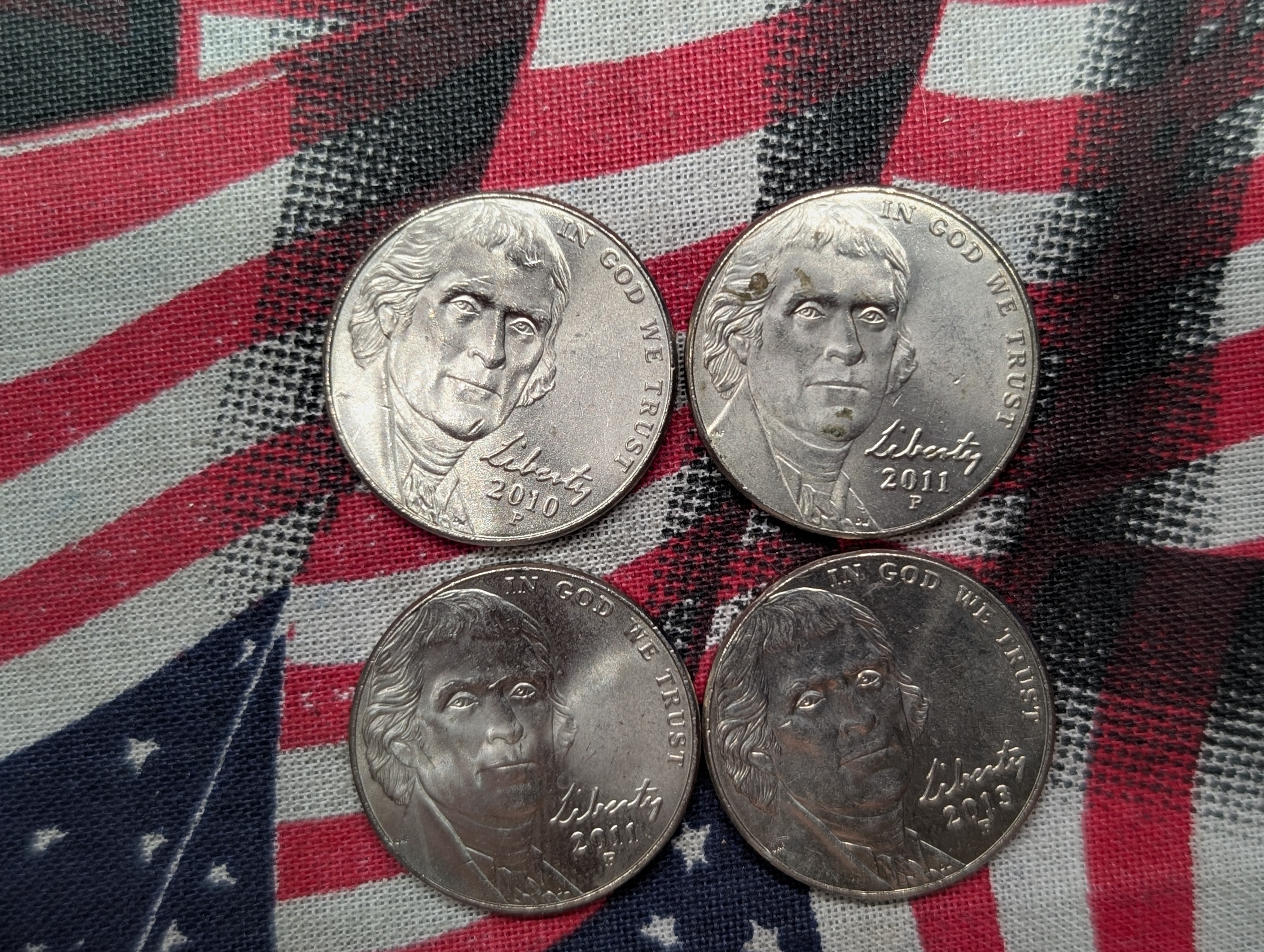 (5) Jefferson Nickels, 2011-D Annealing Error- Missing Clad Layer?, 4 Coins Full Steps