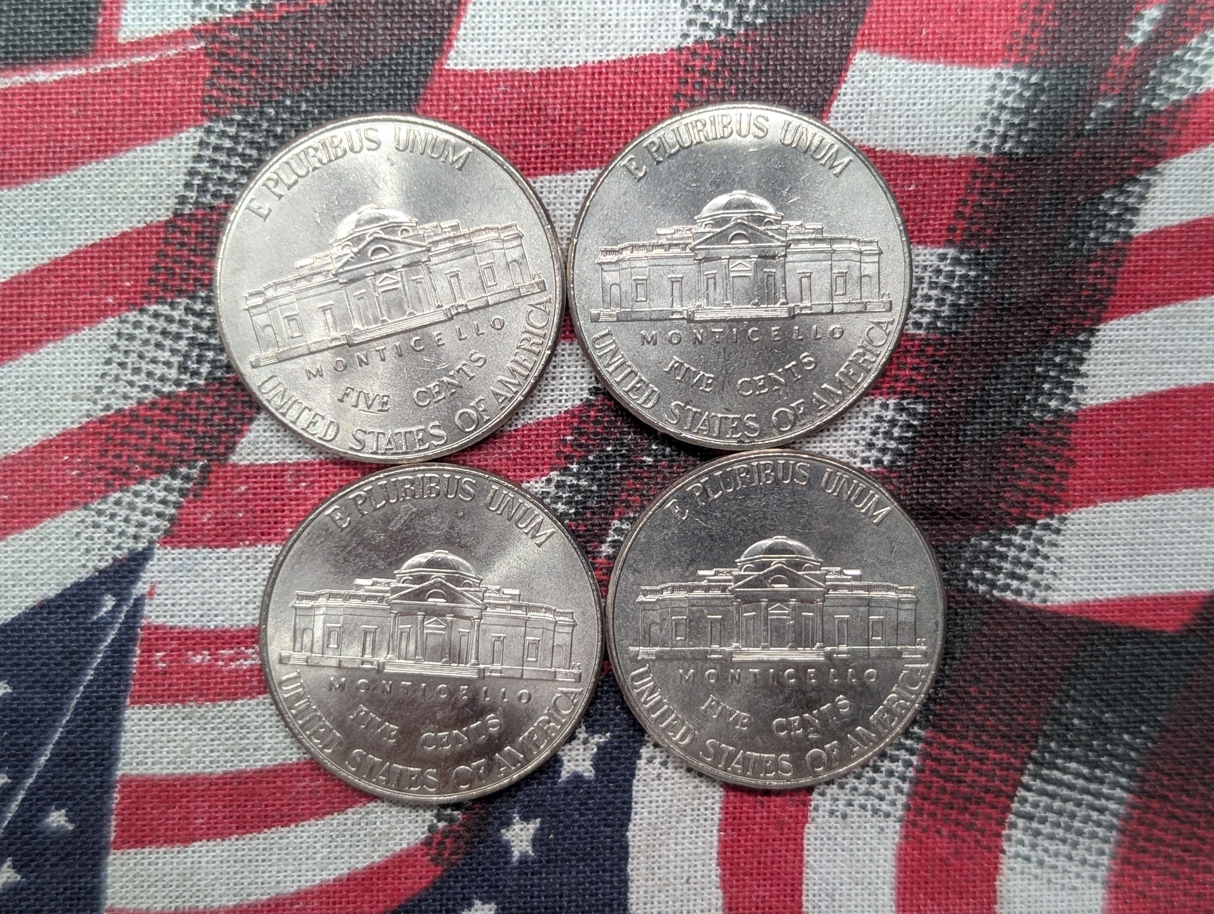 (5) Jefferson Nickels, 2011-D Annealing Error- Missing Clad Layer?, 4 Coins Full Steps