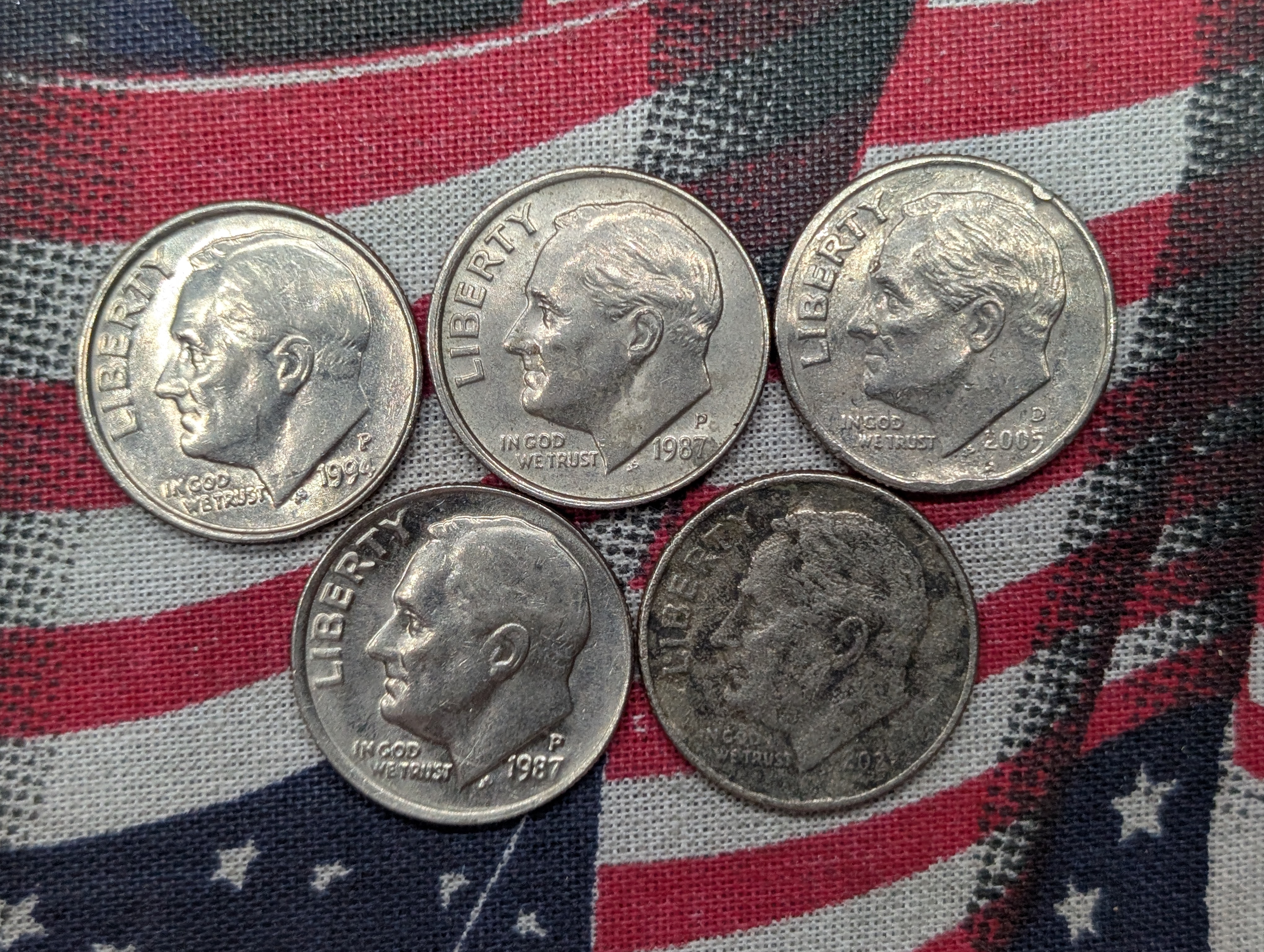 (5) Roosevelt Dimes, Errors- 3 Off Center, 1 with Planchet Error