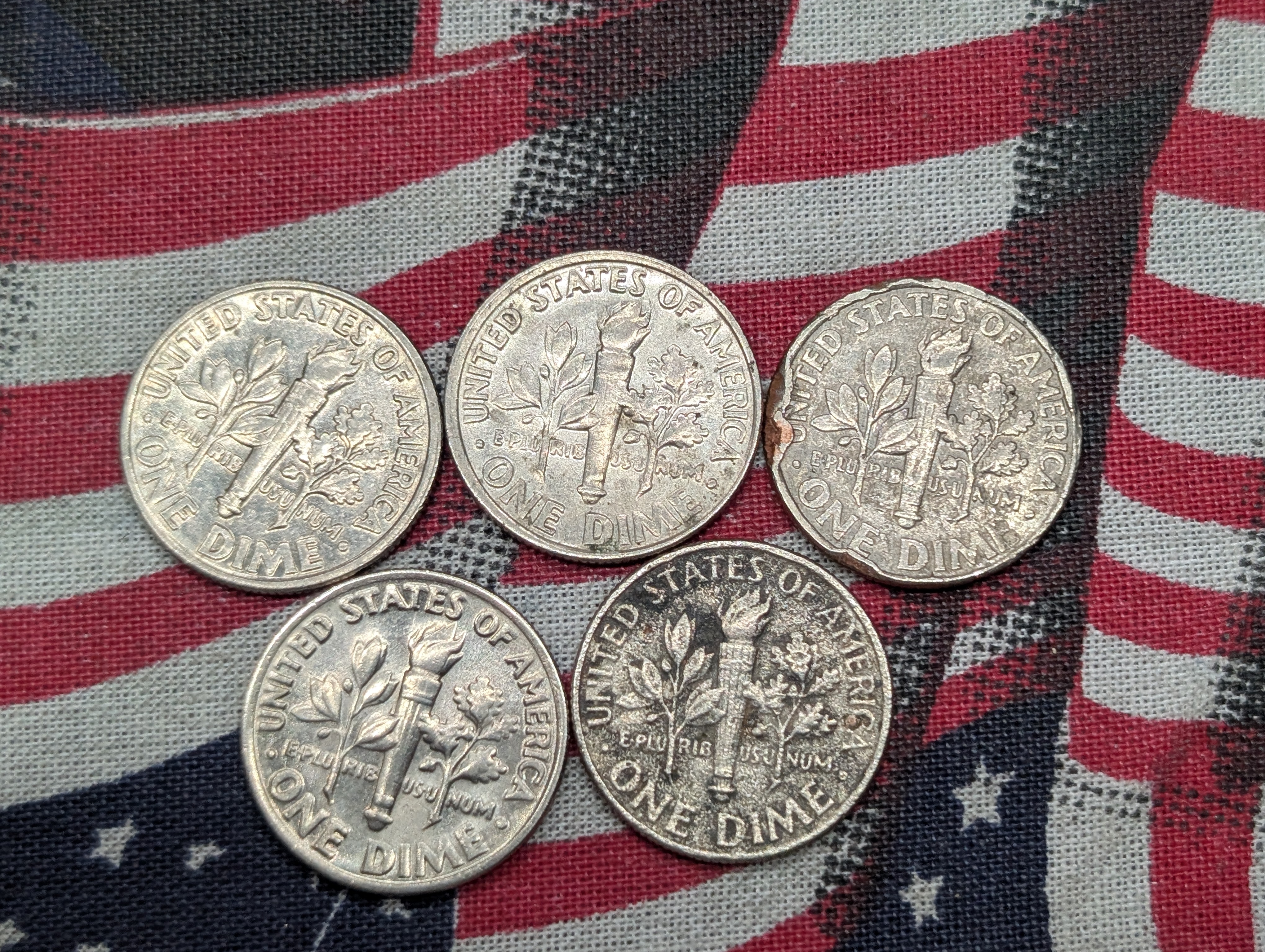 (5) Roosevelt Dimes, Errors- 3 Off Center, 1 with Planchet Error