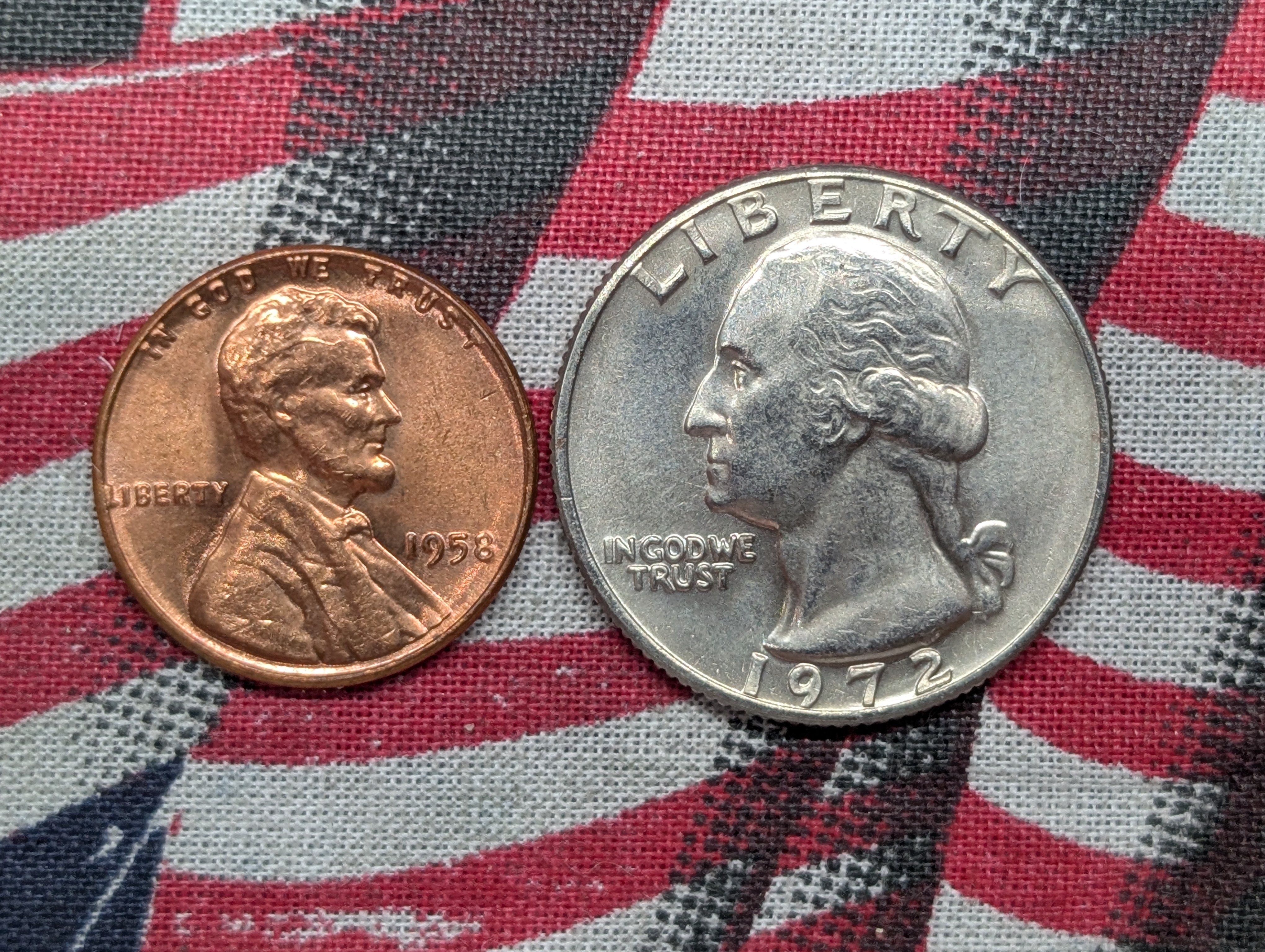 1958-P Red Lincoln Wheat Cent and 1972-P Washington Quarter