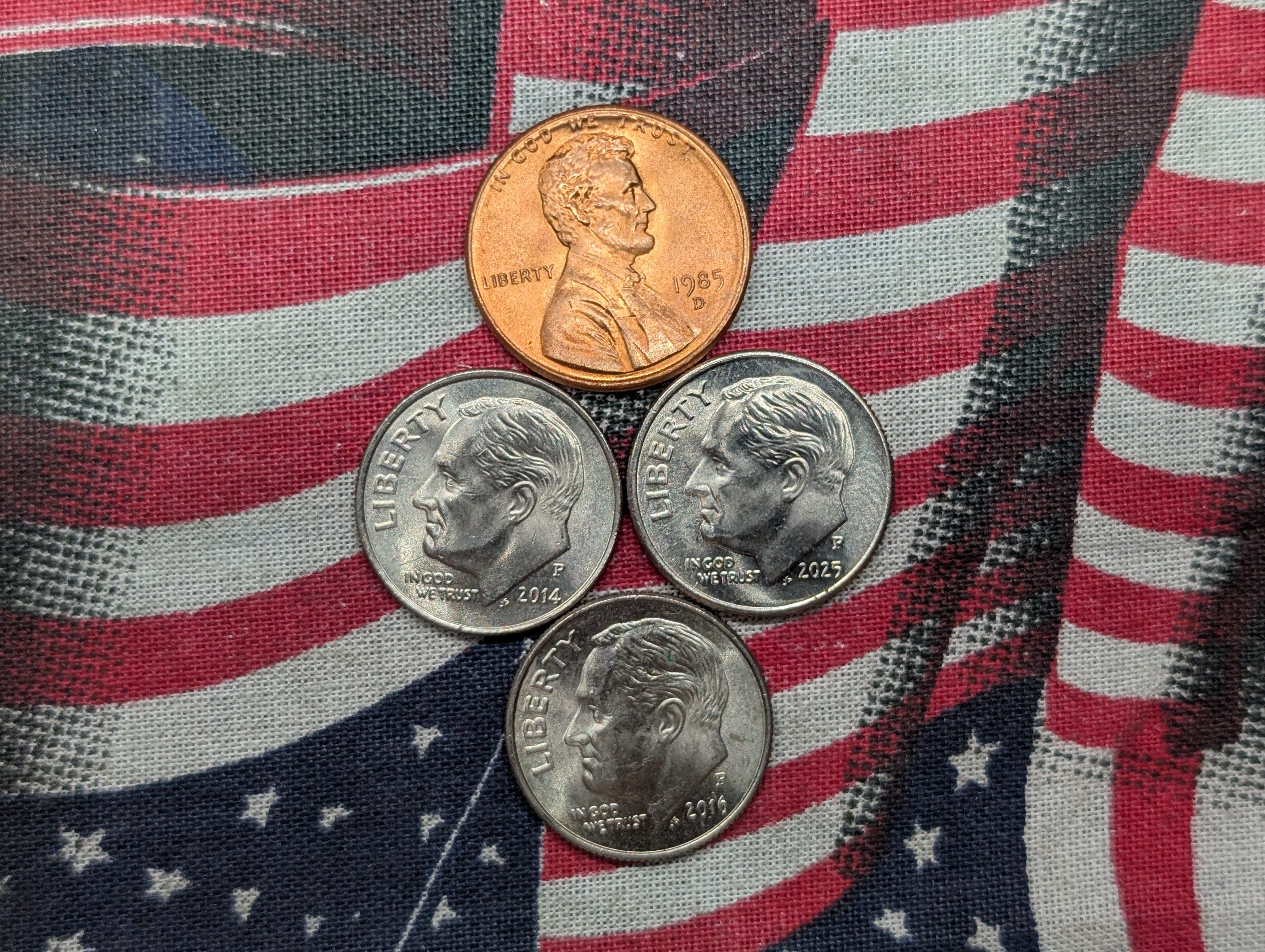 (3) Modern Dimes all FB and 1985-D Cent RD
