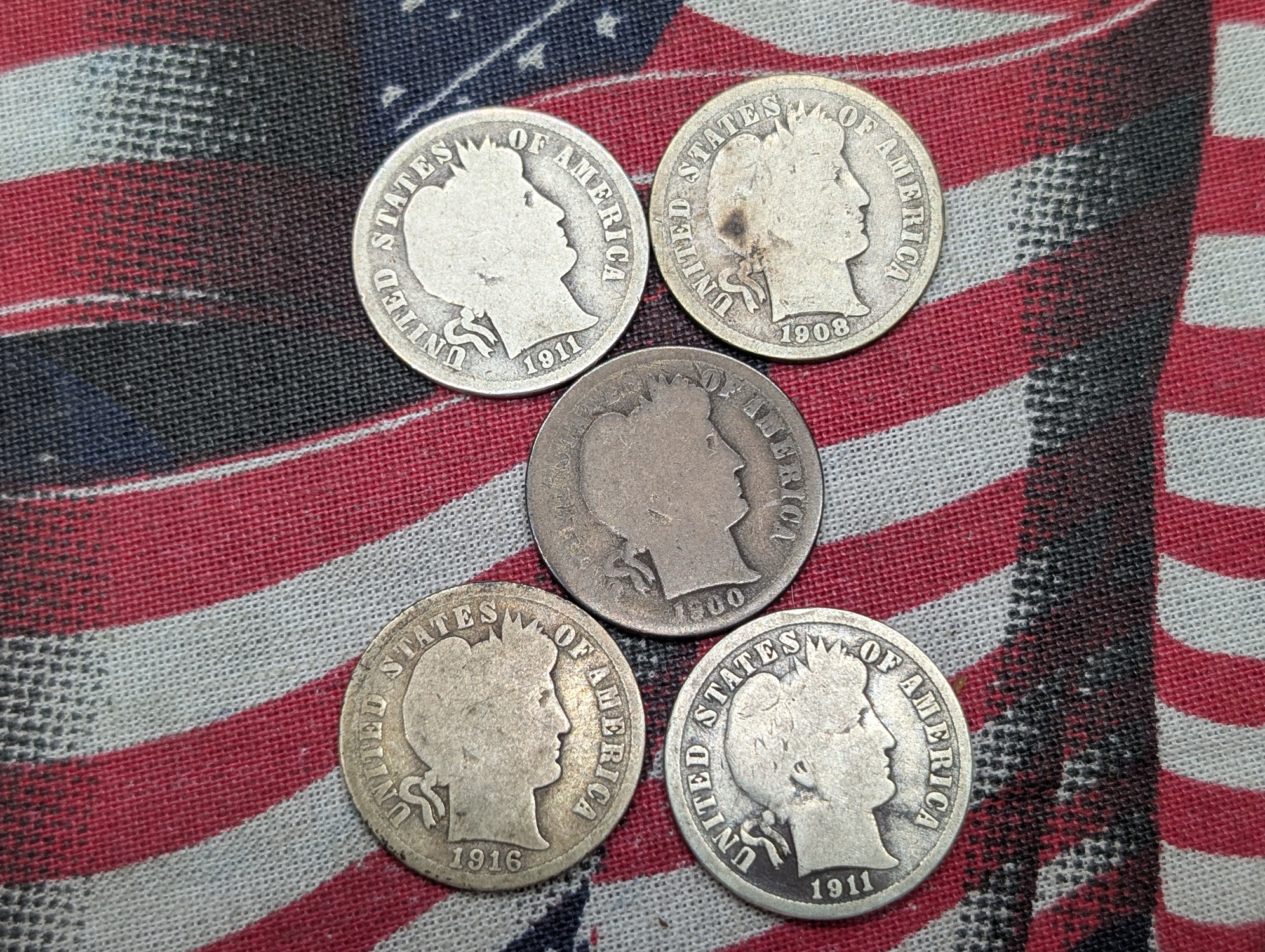 (5) US Barber Dimes, 90% Silver - Dates Include 1900, 1908-D, 1911-D, and 1916