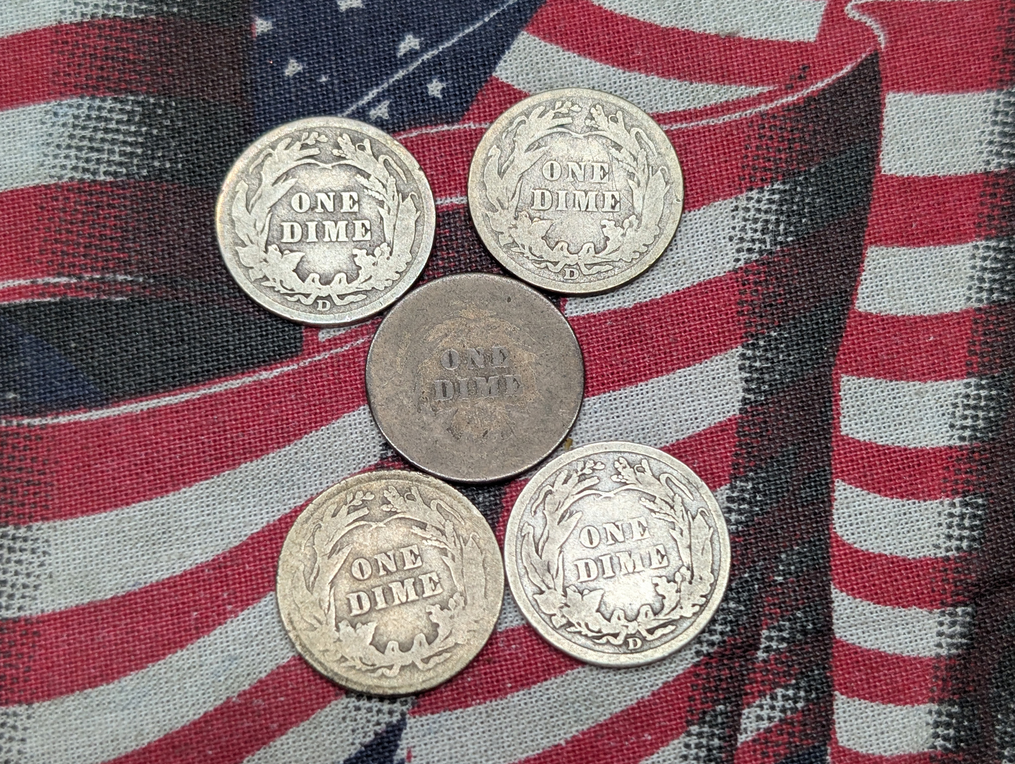 (5) US Barber Dimes, 90% Silver - Dates Include 1900, 1908-D, 1911-D, and 1916