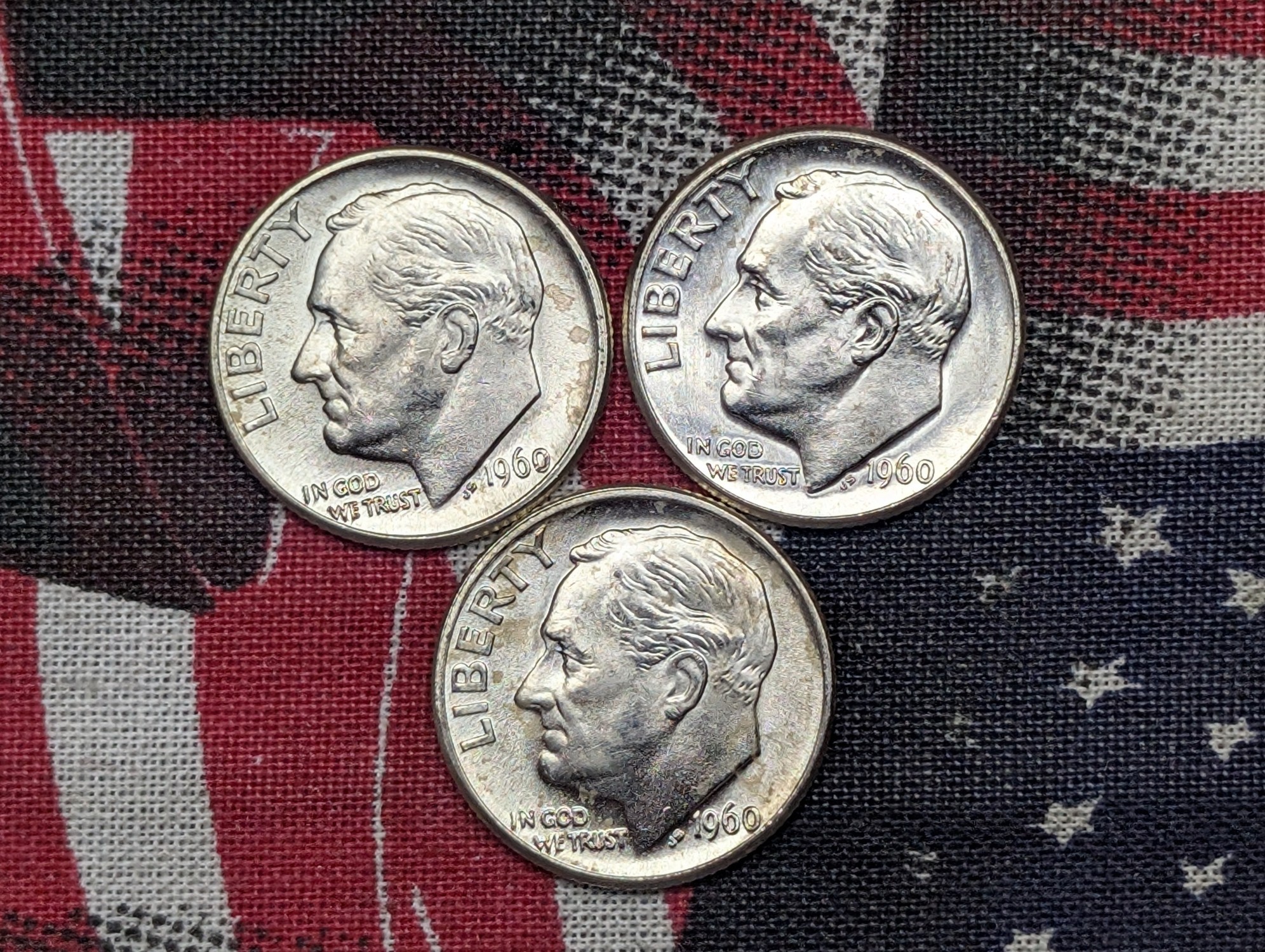 (3) 1960-D Roosevelt Dimes, 66 Years old, (BU), 90% Silver