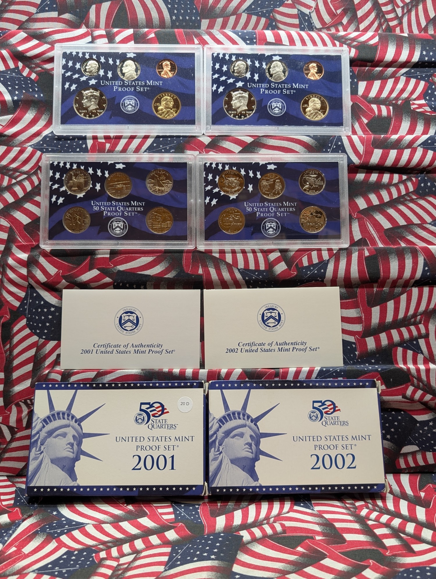 2001-S & 2002-S U.S. Mint Proof Sets with State Quarters and Sacagawea Dollars in OGP w/ COA