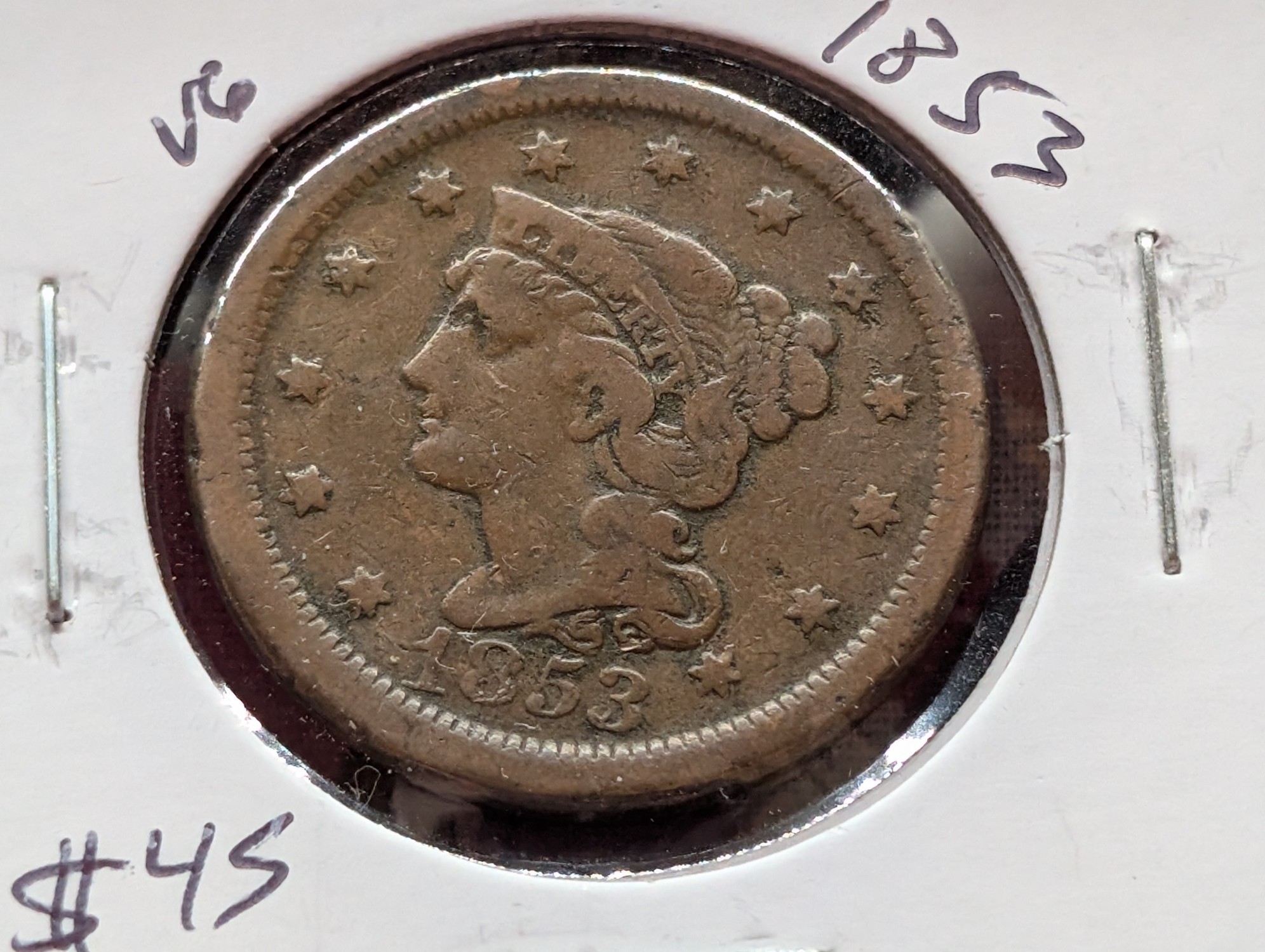 1853 Braided Hair Liberty Head Large Cent - 173 Years Old!