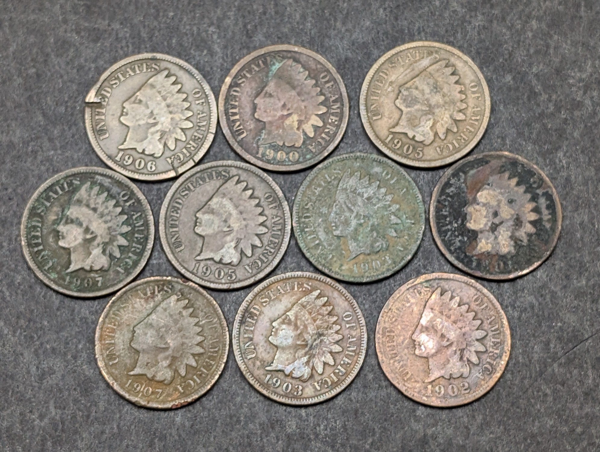 1900, 1902, (3) 1903, (2) 1905, 1906, (2) 1907 Indian Head Cents
