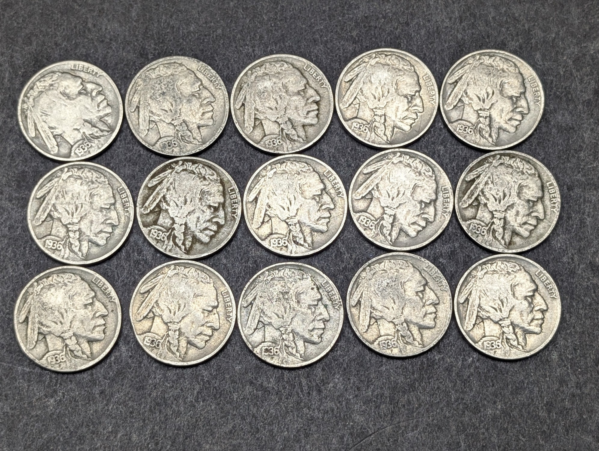 (15) 1936 Indian Head Buffalo Nickels - All P Mint Marks