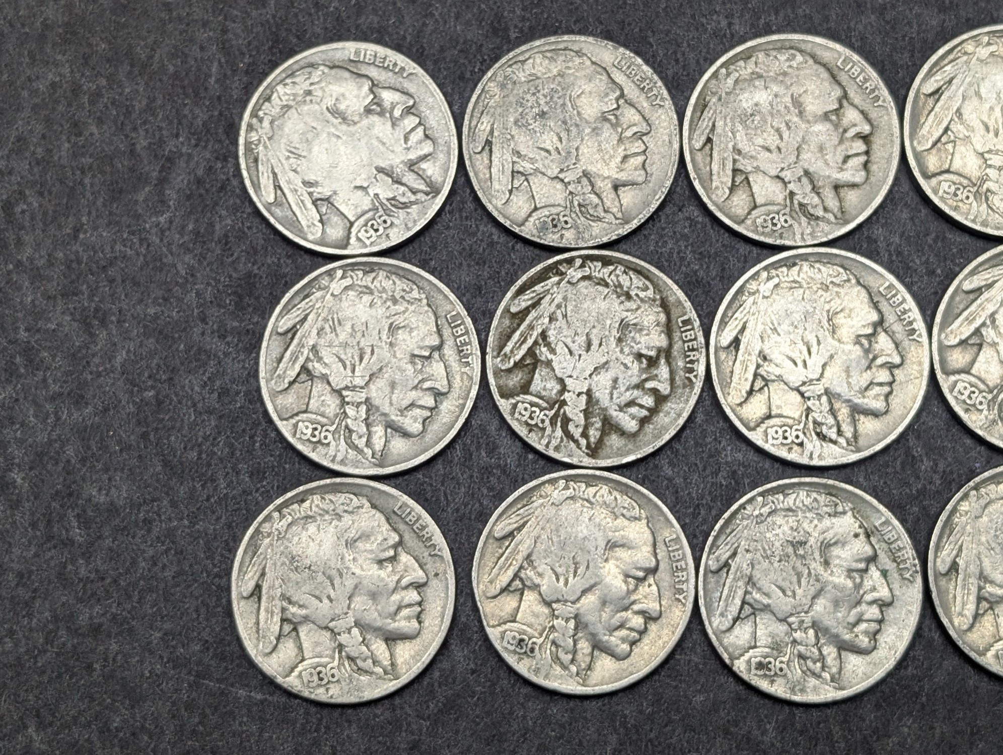 (15) 1936 Indian Head Buffalo Nickels - All P Mint Marks