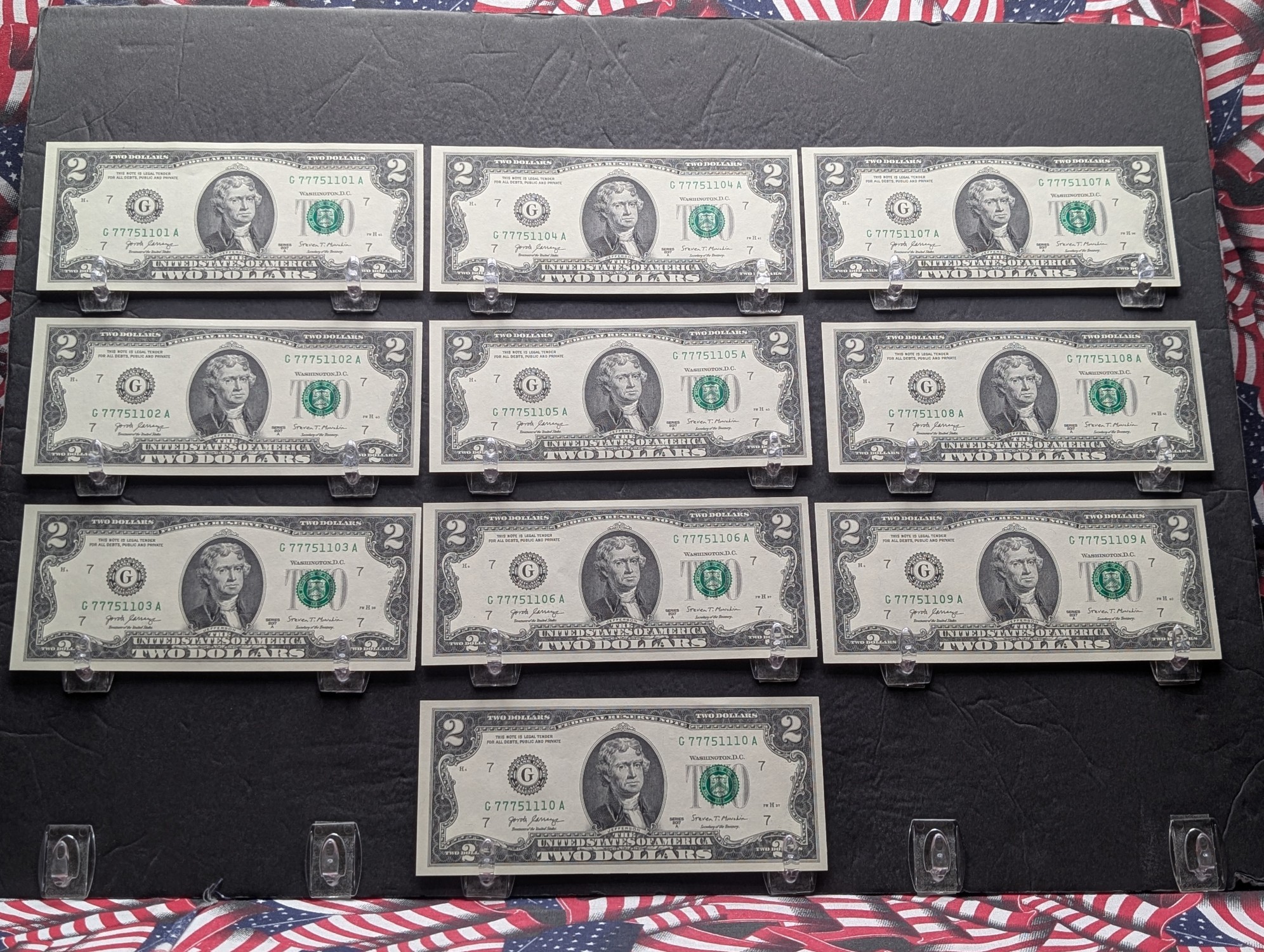 (10) 2017 A Series $2 Bills W/ Consecutive Serial Numbers - LUCKY SEVENS