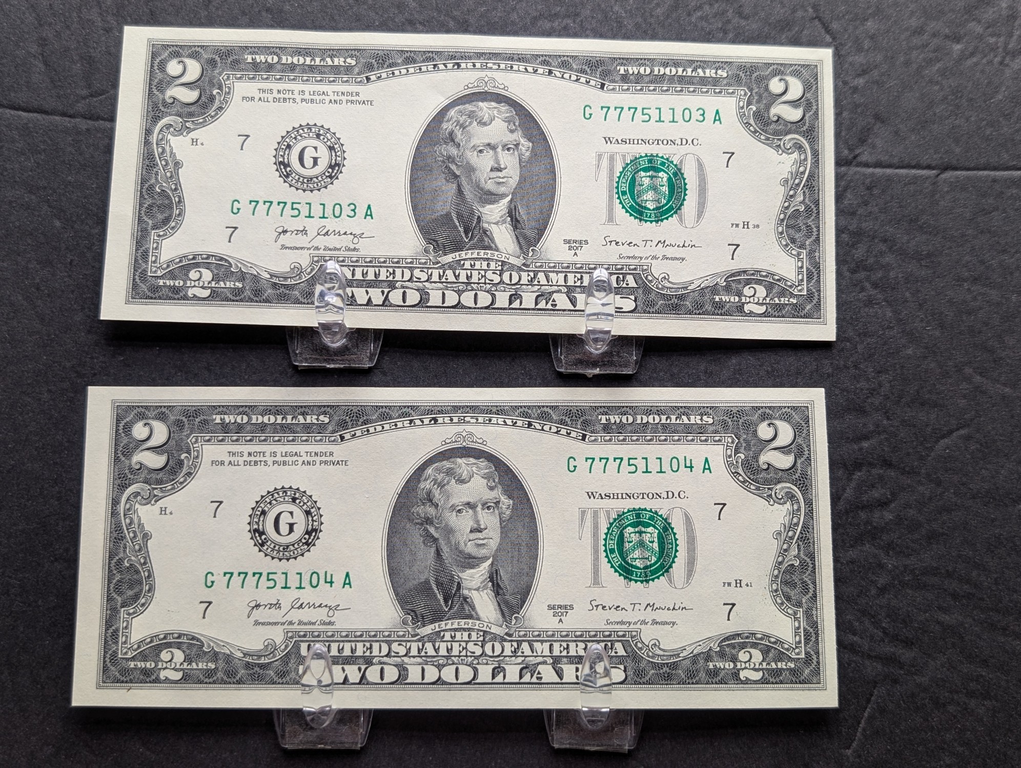 (10) 2017 A Series $2 Bills W/ Consecutive Serial Numbers - LUCKY SEVENS
