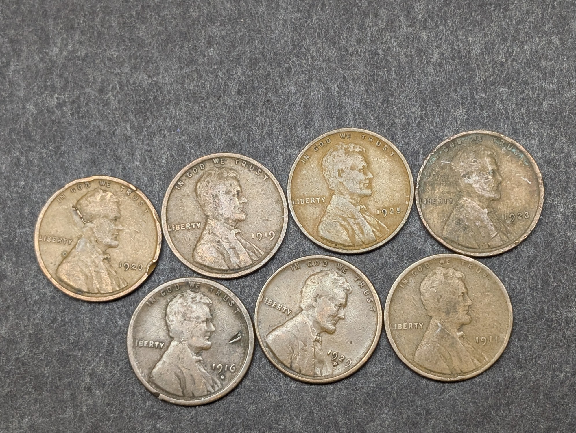 1911, 1916-S, 1919, 1920, 1923, 1925, & 1929-D Lincoln Wheat Cents