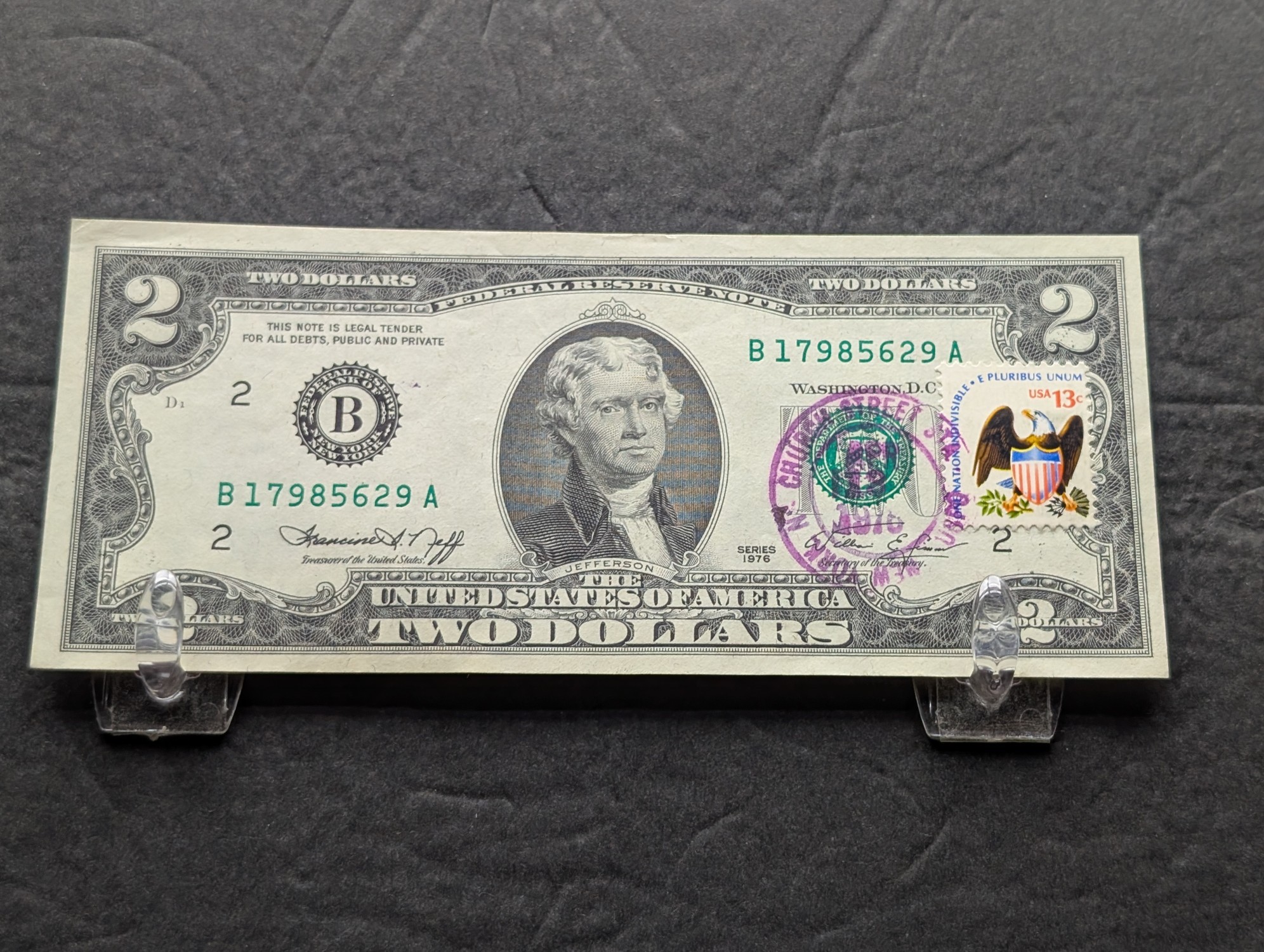 1976 Series $2 Note W/ 1st First DAY OF ISSUE STAMPED CRISP UNC