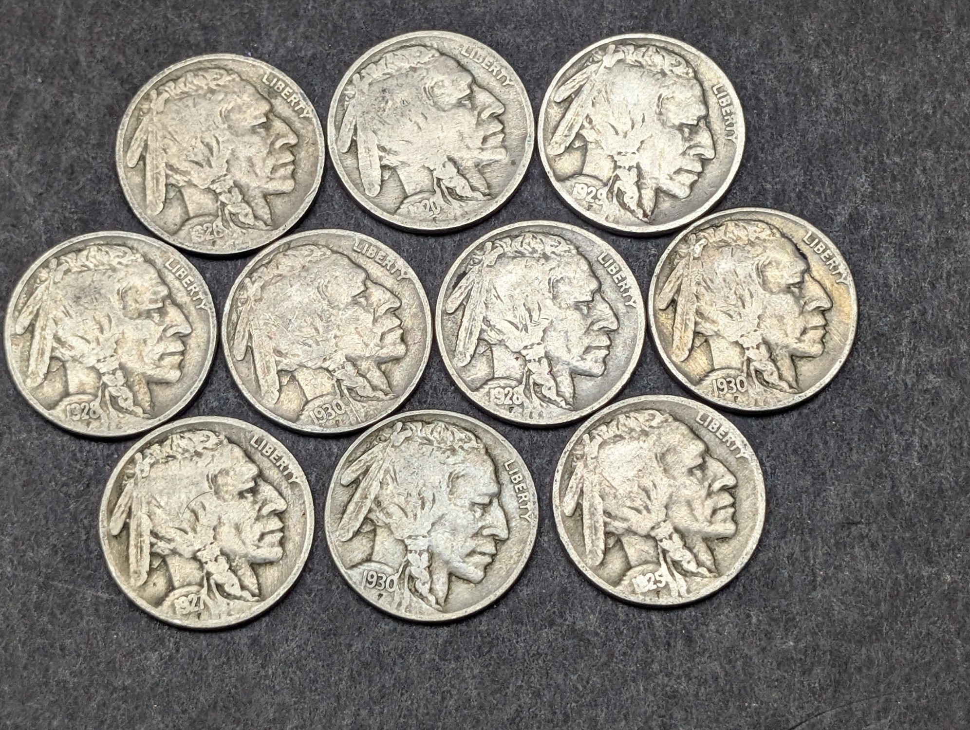 (10) 1920s-1930s Indian Head Buffalo Nickels - Not Consecutive