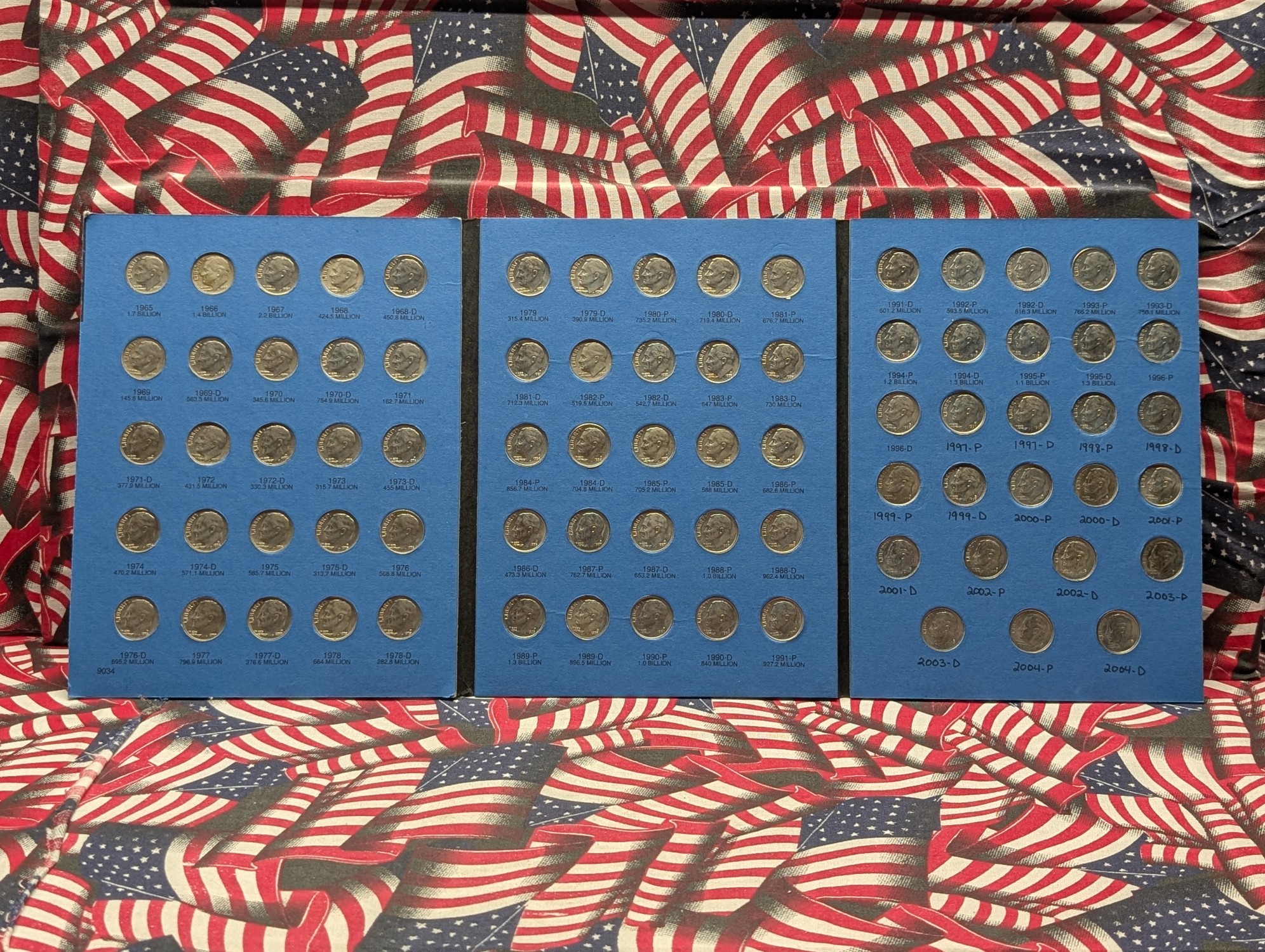 1965-2004 Roosevelt Dime Album, 77 Coins Total