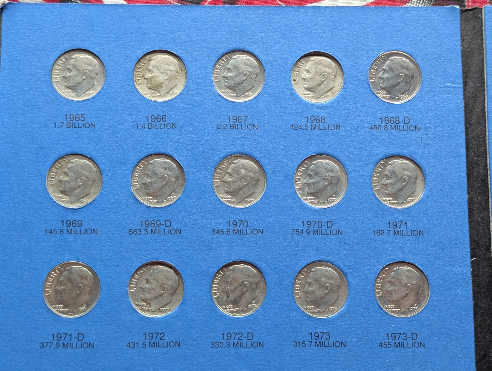 1965-2004 Roosevelt Dime Album, 77 Coins Total