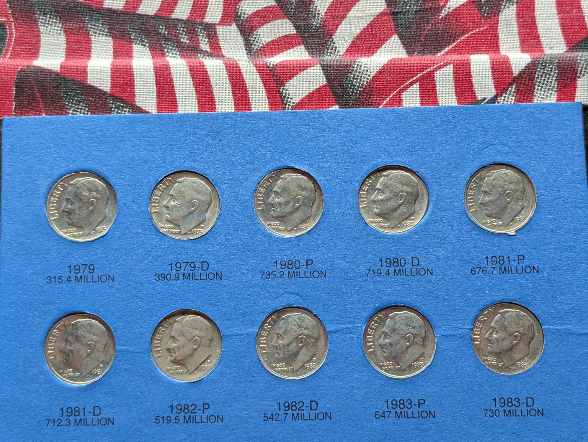1965-2004 Roosevelt Dime Album, 77 Coins Total