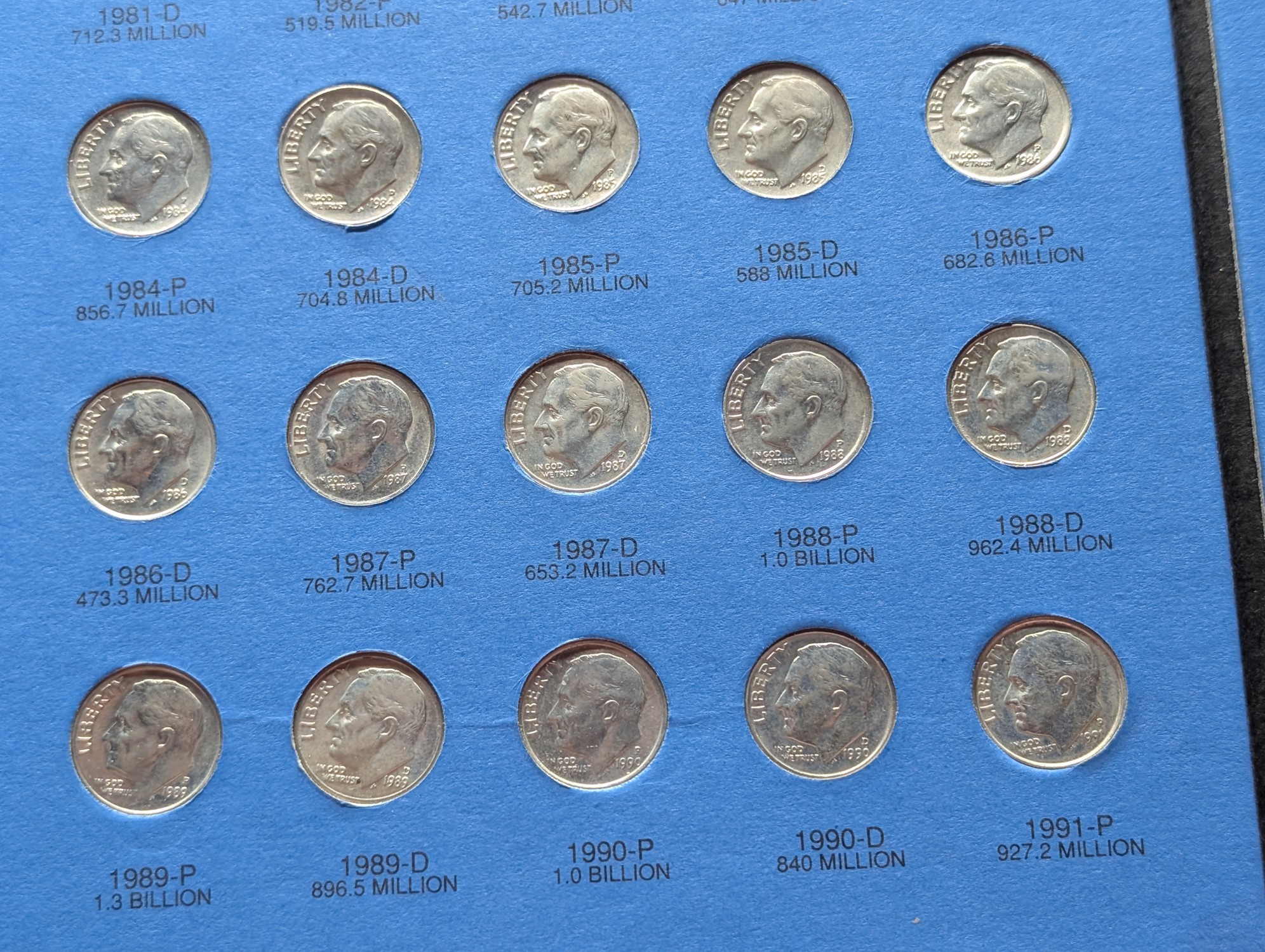 1965-2004 Roosevelt Dime Album, 77 Coins Total