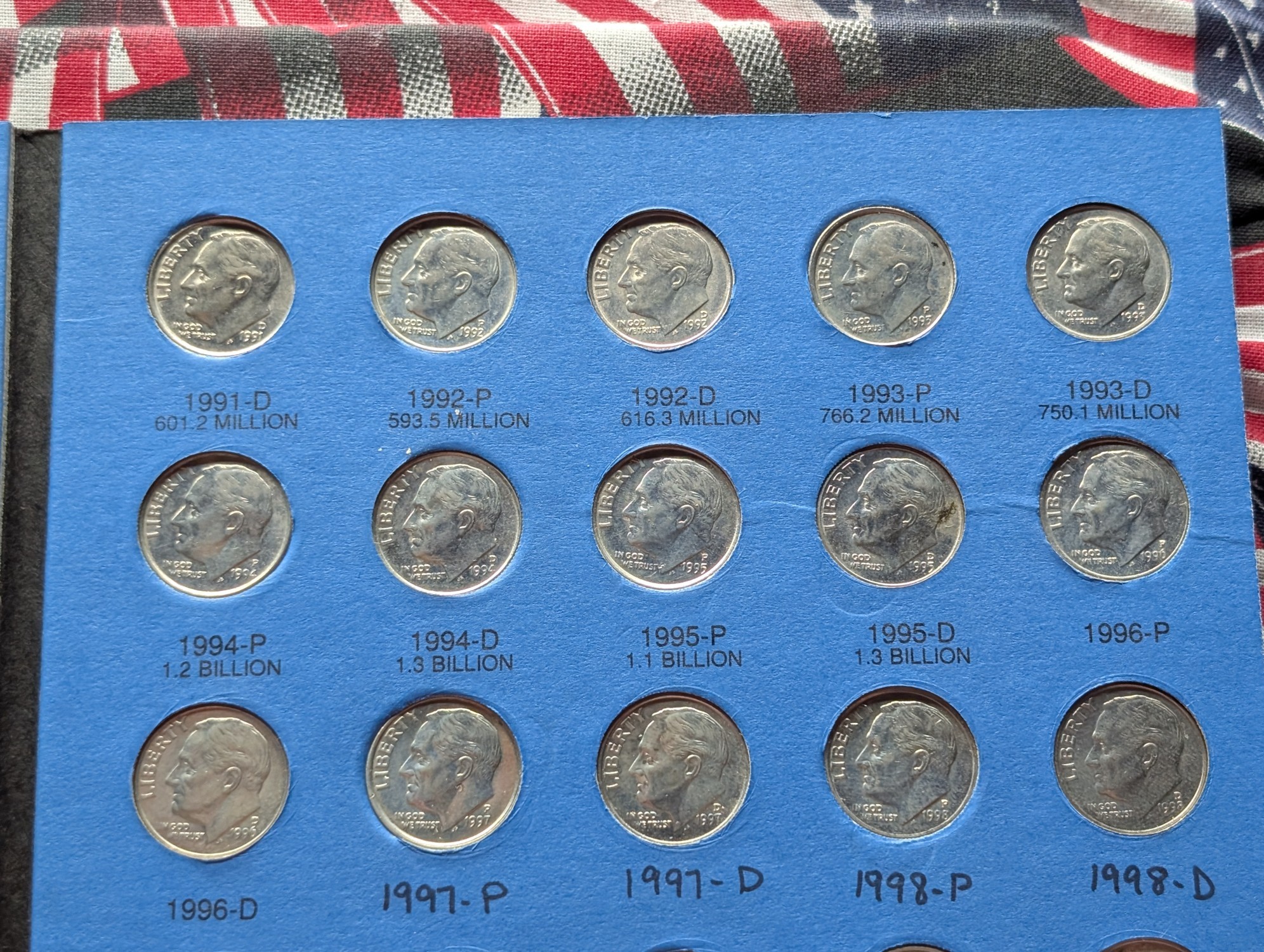 1965-2004 Roosevelt Dime Album, 77 Coins Total