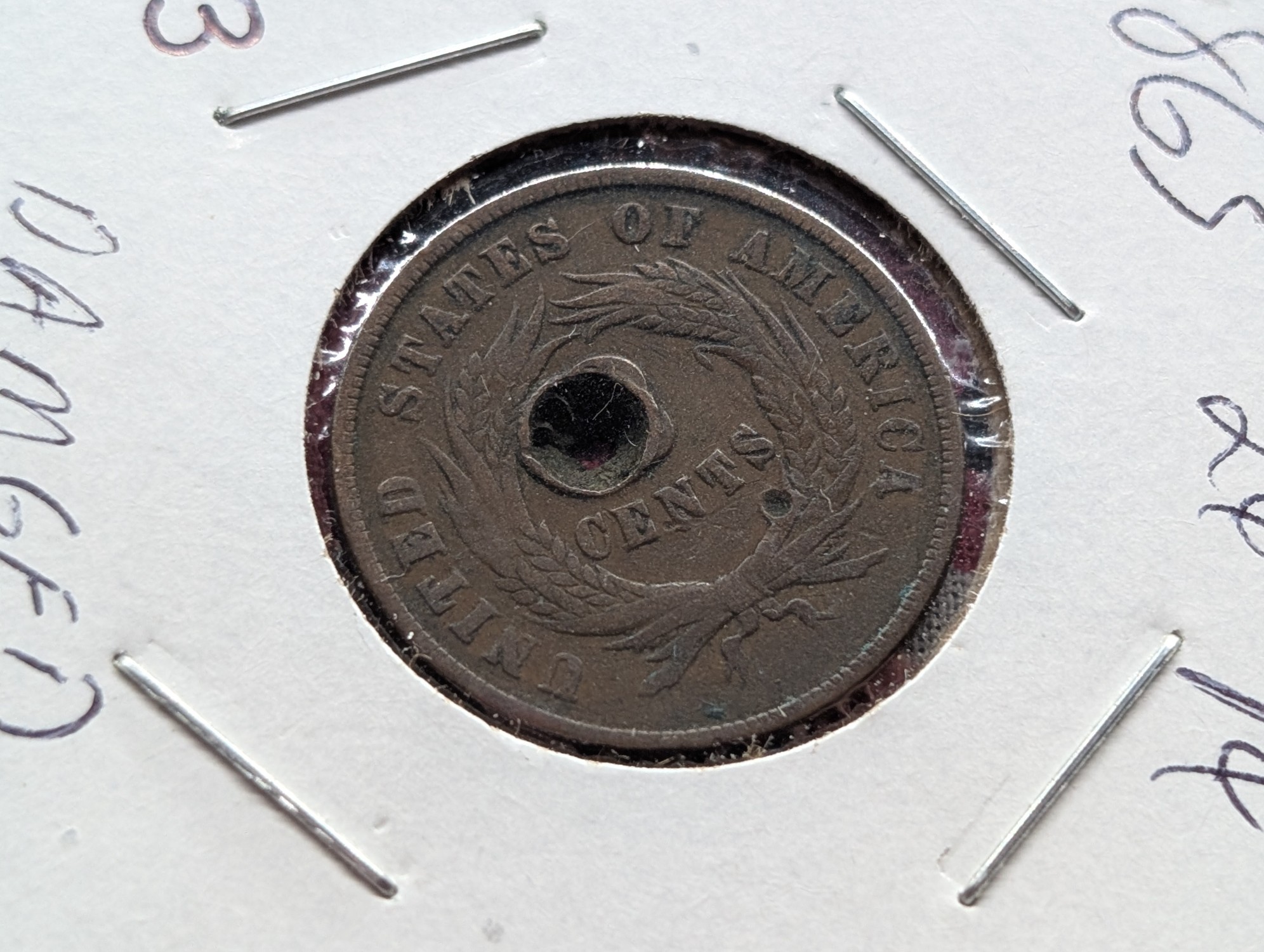 1865 Two Cent Coin, Damaged