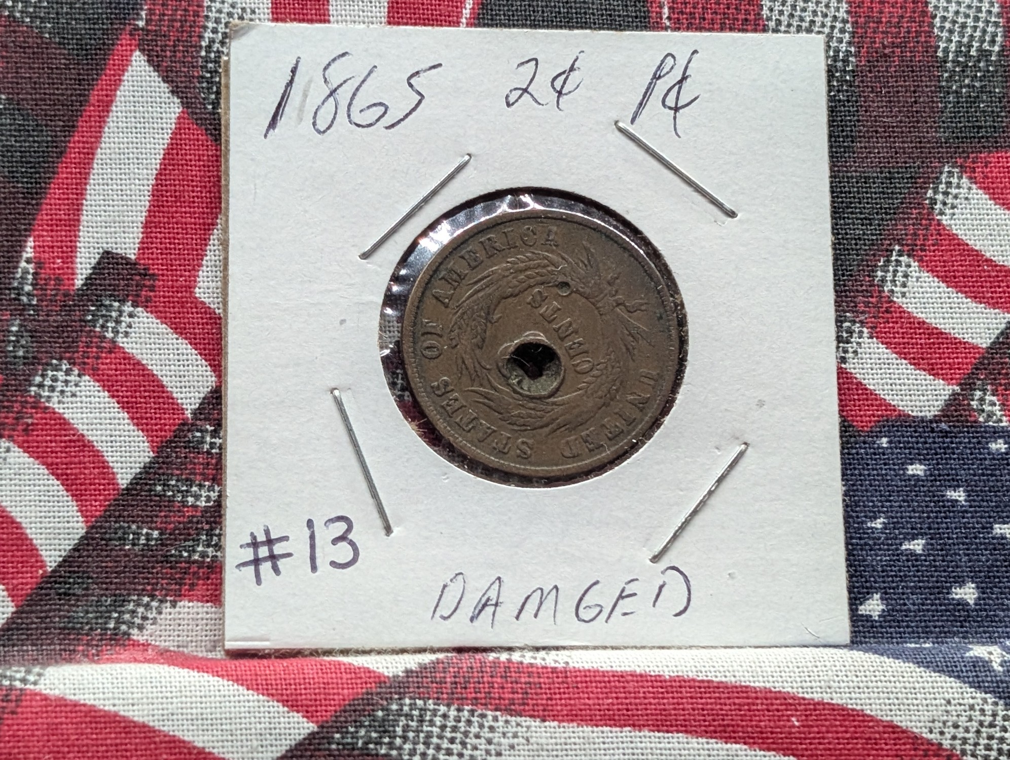 1865 Two Cent Coin, Damaged