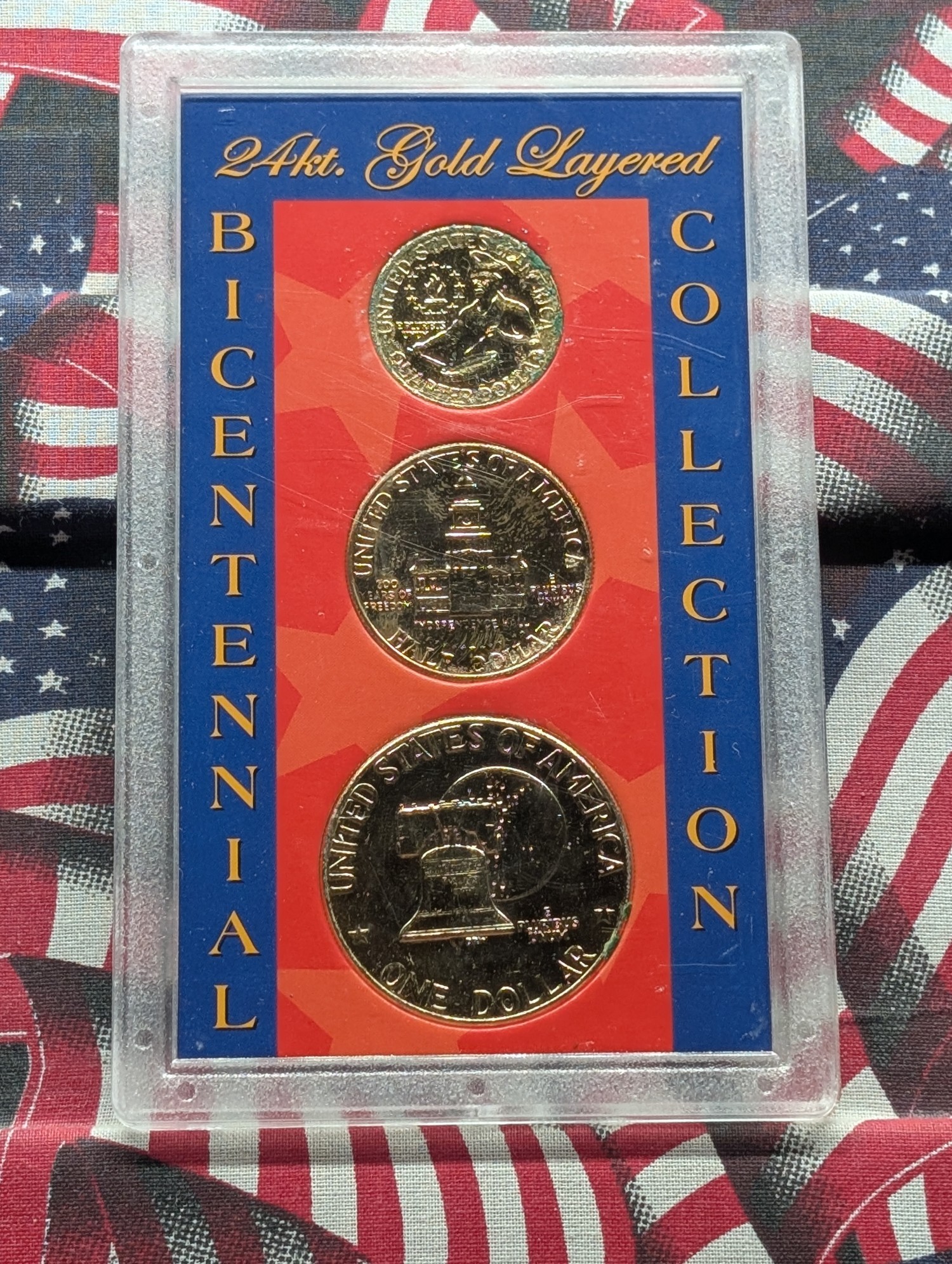 (3) 24 kt. Gold Plated Bicentennial Coins In Case - 1976-D Eisenhower One Dollar, 1976-D Kennedy Half Dollar, & 1976-P Washington Quarter